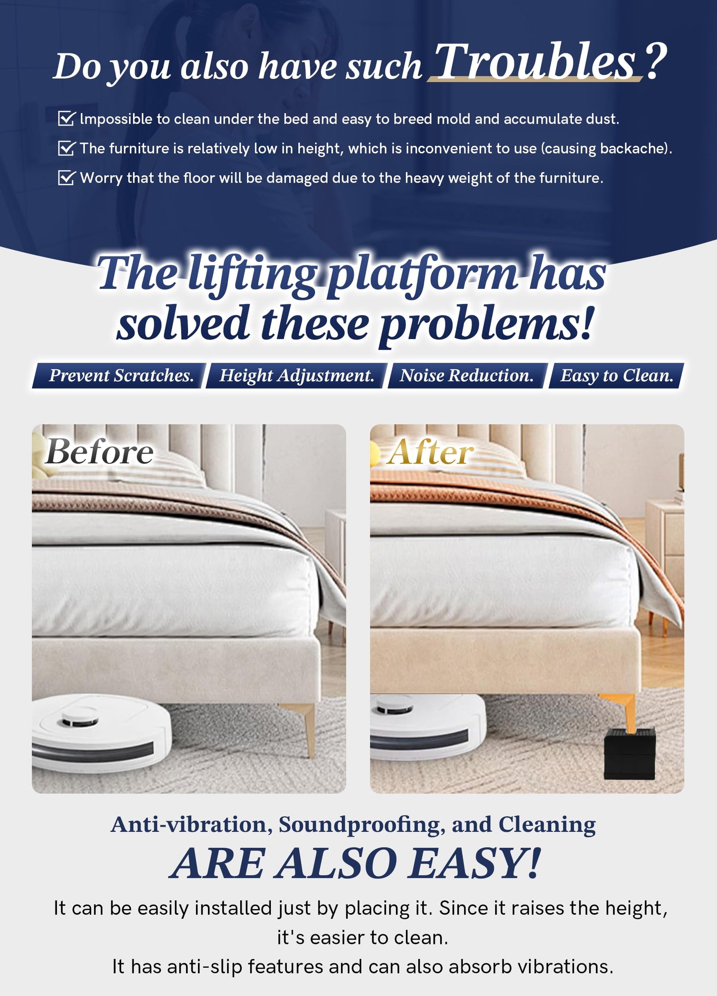 EclatBain Bed Risers Furniture Risers Heavy-Duty Rectangular Adjustable Block 8 Pack Lift to 3 inches and 4.3 inches Desk, Sofa, Chair Legs, Refrigerator, Washing Machine Support up to 4000 pounds
