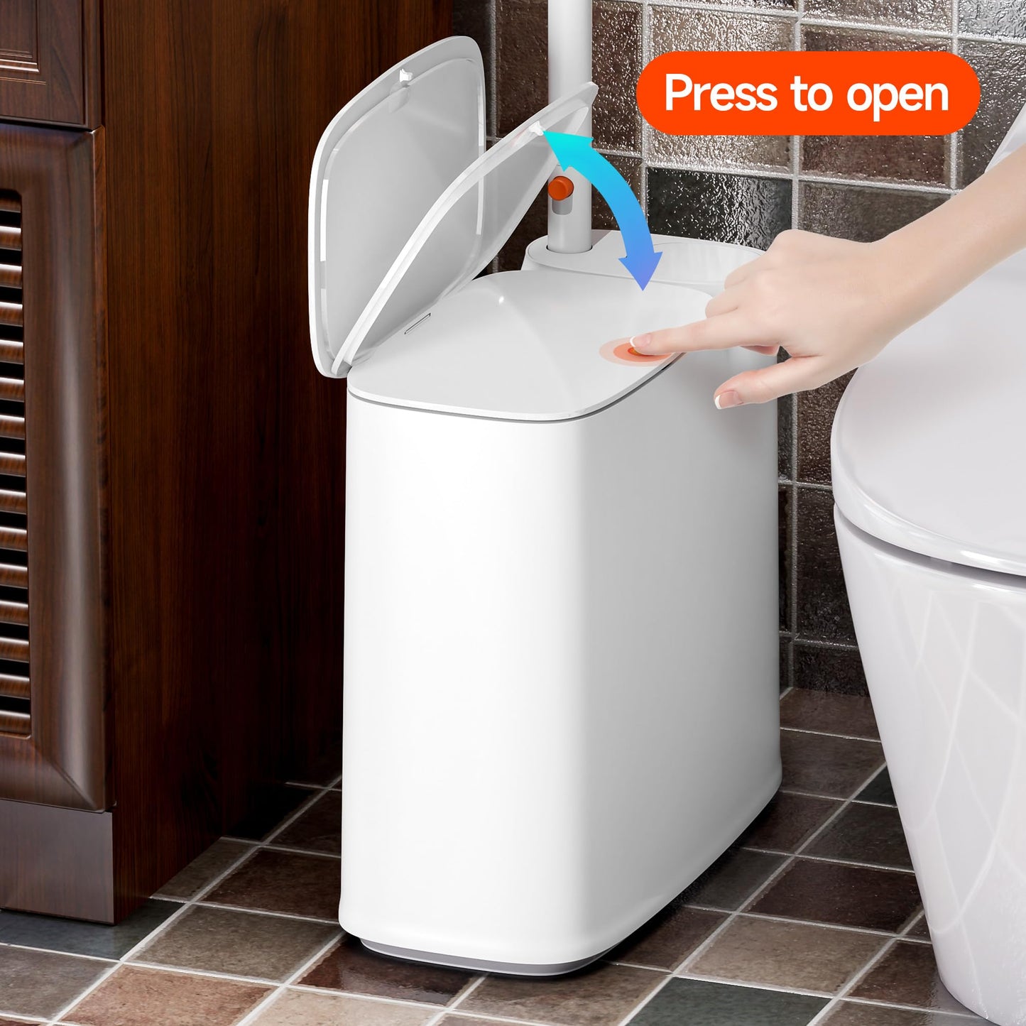 CTIME Bathroom Trash can Set, 2 Gallon White Small Trash Can with Lid, Disposable Toilet Brush, Storage Caddy and 12 Refills, Slim Garbage Can for Bathroom, RV