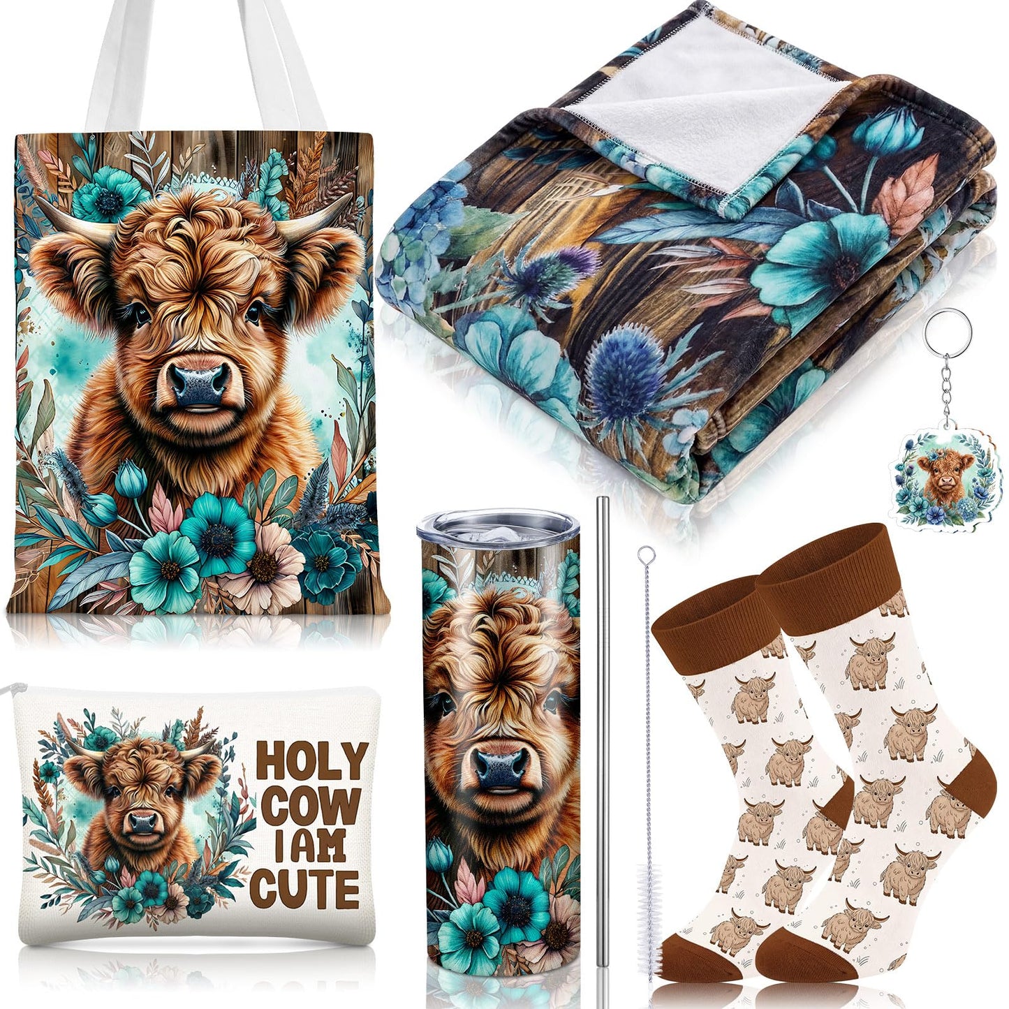 Tiangrid 6 Pcs Highland Cow Gifts for Women Include 20 oz Stainless Steel Tumbler with Lid and Straw Cosmetic Bag Throw Blanket Keychain Socks Handbag for Women Girls(Teal & Brown)