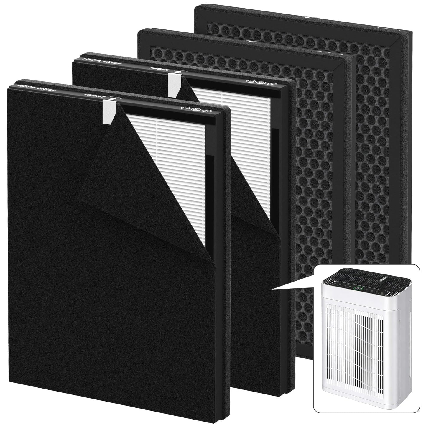 MK-AP01 Replacement Filter Compatible with TER Air MK-AP01 Air Purifier, Double-Sided Filters for Home Large Room up to 3000sq.ft, H13 True HEPA and Activated Carbon Filter, 4 Pack