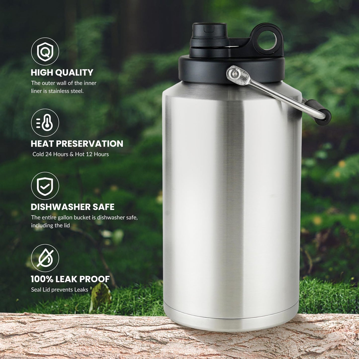 1 Gallon Water Bottle Insulated Stainless Steel Keeps Ice 48Hr, Large Water Gallon Jug Wide Mouth Leakproof Vacuum for Gym, Camping, & Construction Stainless Steels