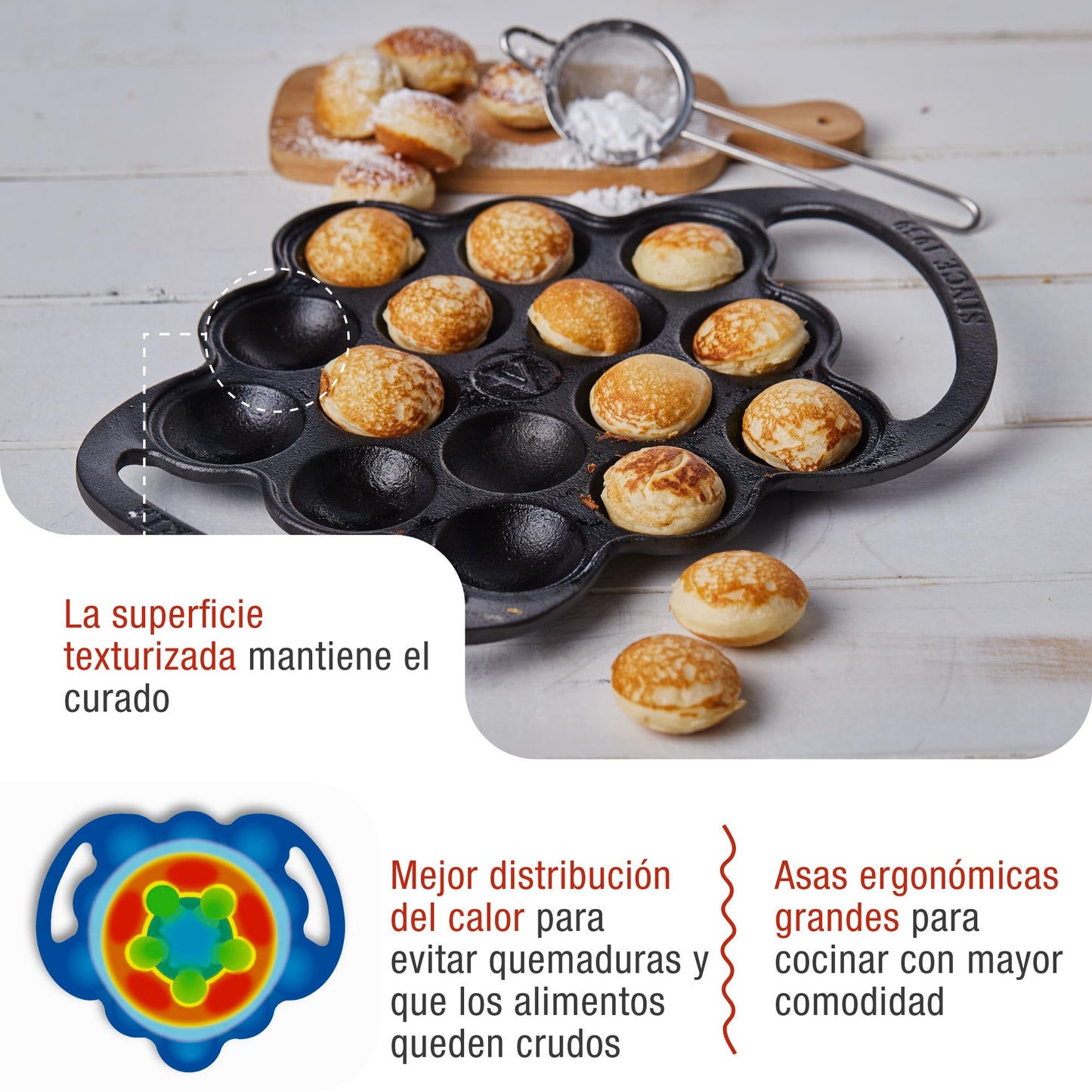 Victoria Cast Iron Poffertjes Dutch Pancake Pan with Loop Handles, Preseasoned with Flaxseed Oil, Made in Colombia