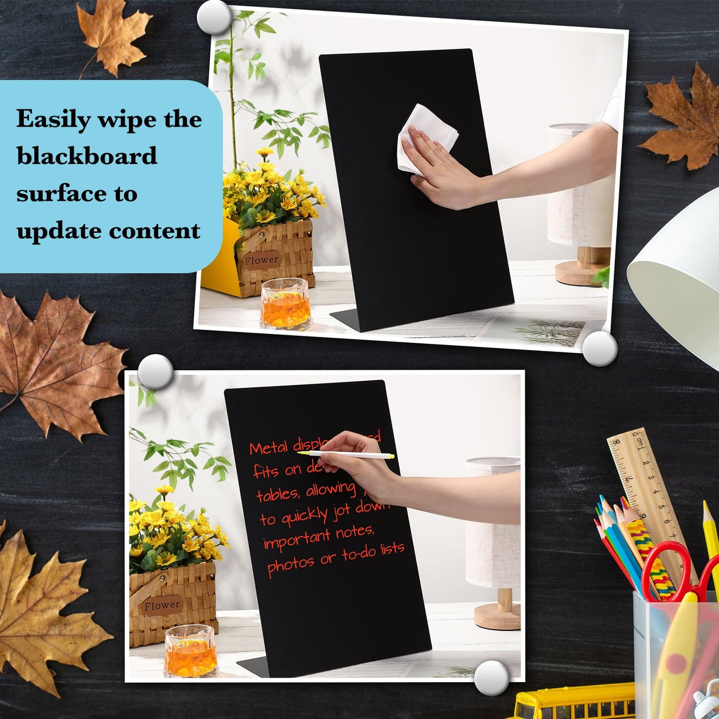 Fainne 2 Pcs Magnetic Bulletin Board with Easel Stand Mini Magnet Metal Tabletop Memo Display Board for Back to School Menu Table Office Supplies (Black,17 x 11 Inches)