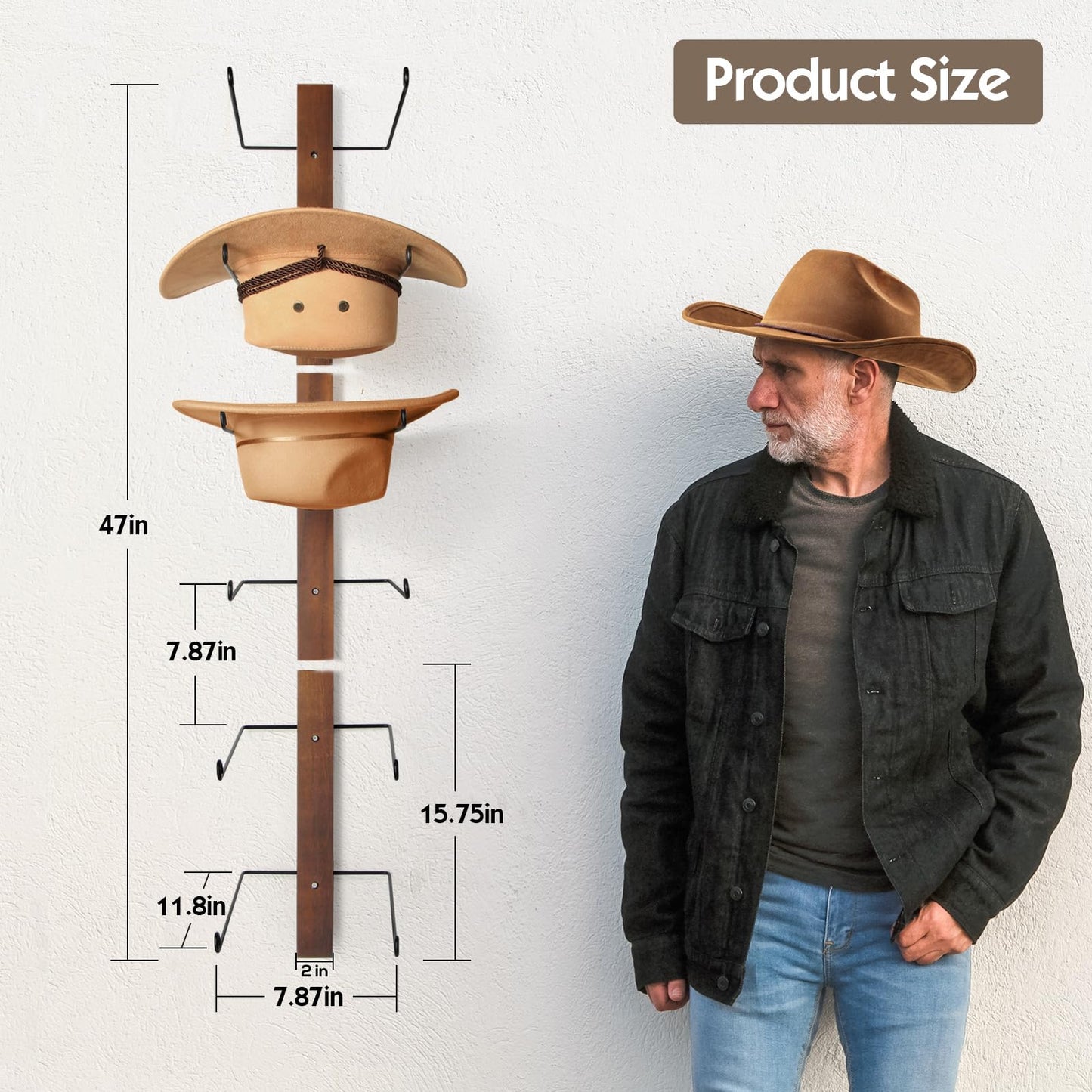 TIPSYTREE Cowboy Hat Holder, 3-Piece Wall Mount Cowboy Hat Rack for Wall Holds up to 6 Hats – Wooden + Metal Rustic Western DIY Hat Racks for Wall Storage and Home Décor