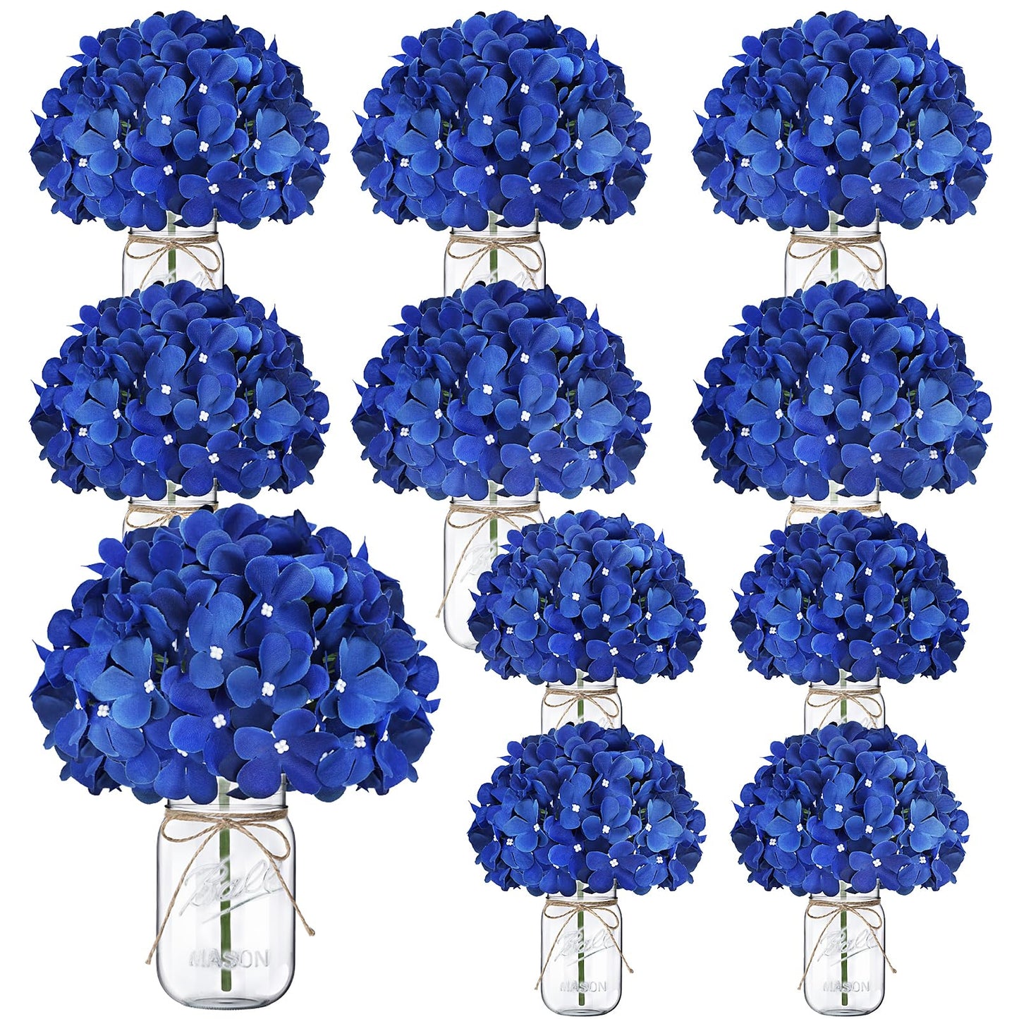 Scawim Mason Jars with Hydrangea, 10 Set Artificial Flower Table Centerpieces Glass Flowers Vases Decor for Home Wedding Farmhouse Bridal Shower Graduation Boho Decorative(Royal Blue)