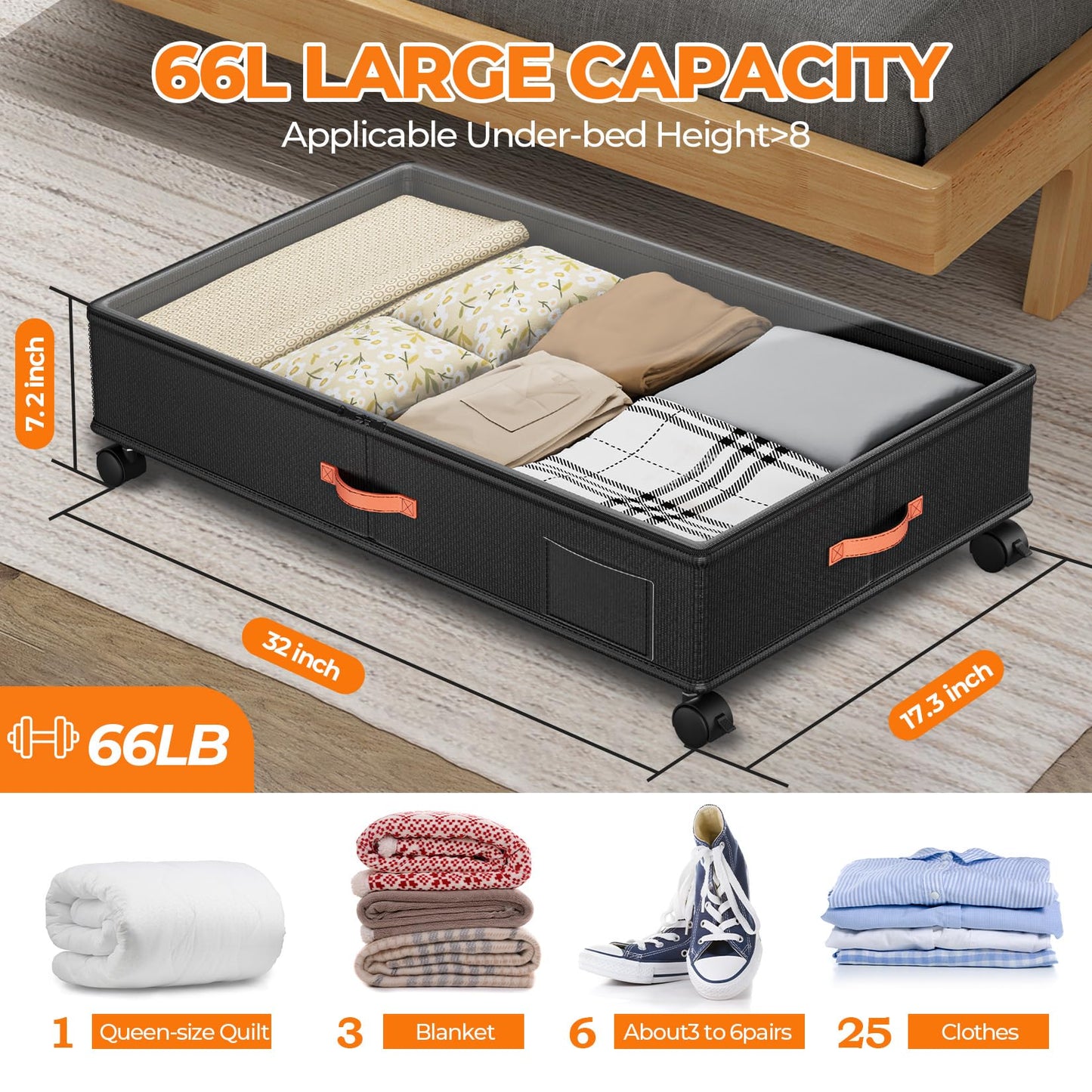 Under Bed Storage with Wheels,2-Pack Under Bed Storage Containers with Clear Lids,XXL Large Under the Bed Storage Organizer Bins With Handles,Space Saving Design for Clothes,Shoes,Books-Black