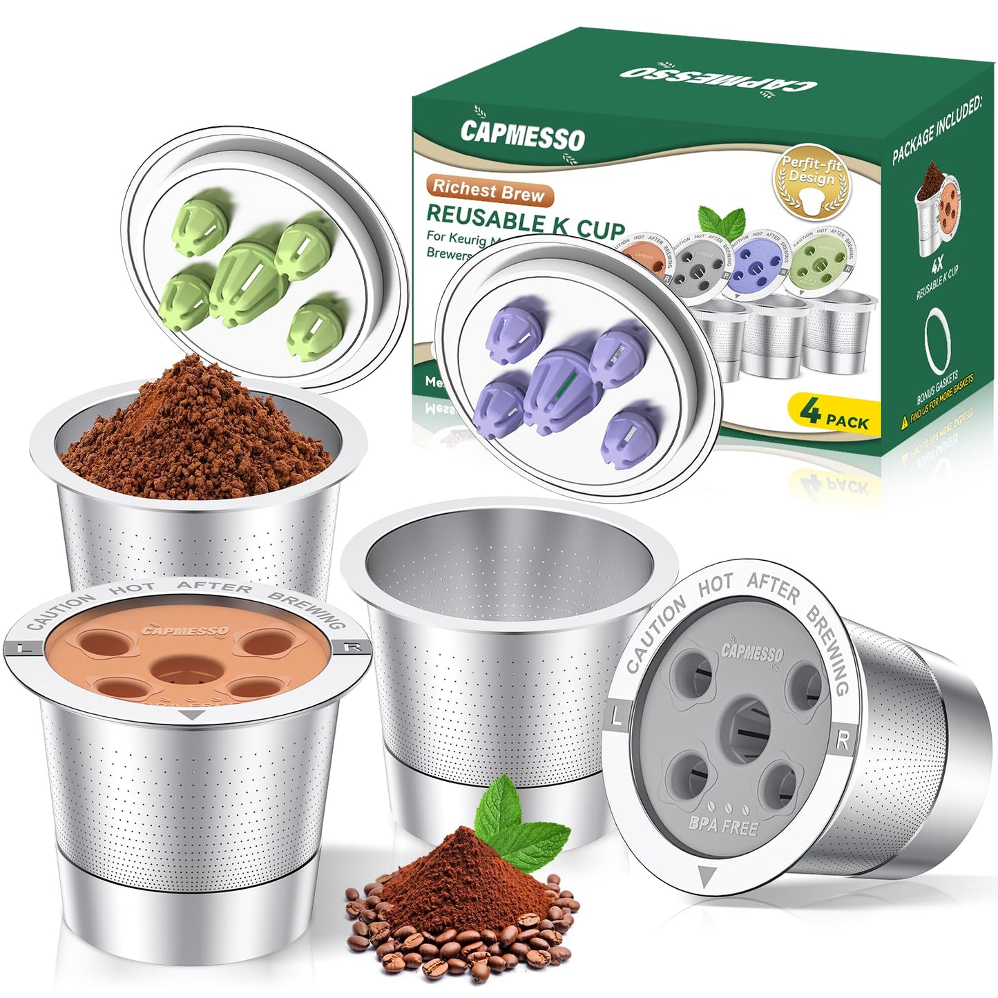 CAPMESSO Reusable K Cups for Keurig: 2025 Updated My K Cup Stainless Steel Coffee Pod Refillable Coffee Filters for K Supreme/K Slim/k-Duo Gen 2/K-Brew Chill with Multistream Technology (4 Pack)