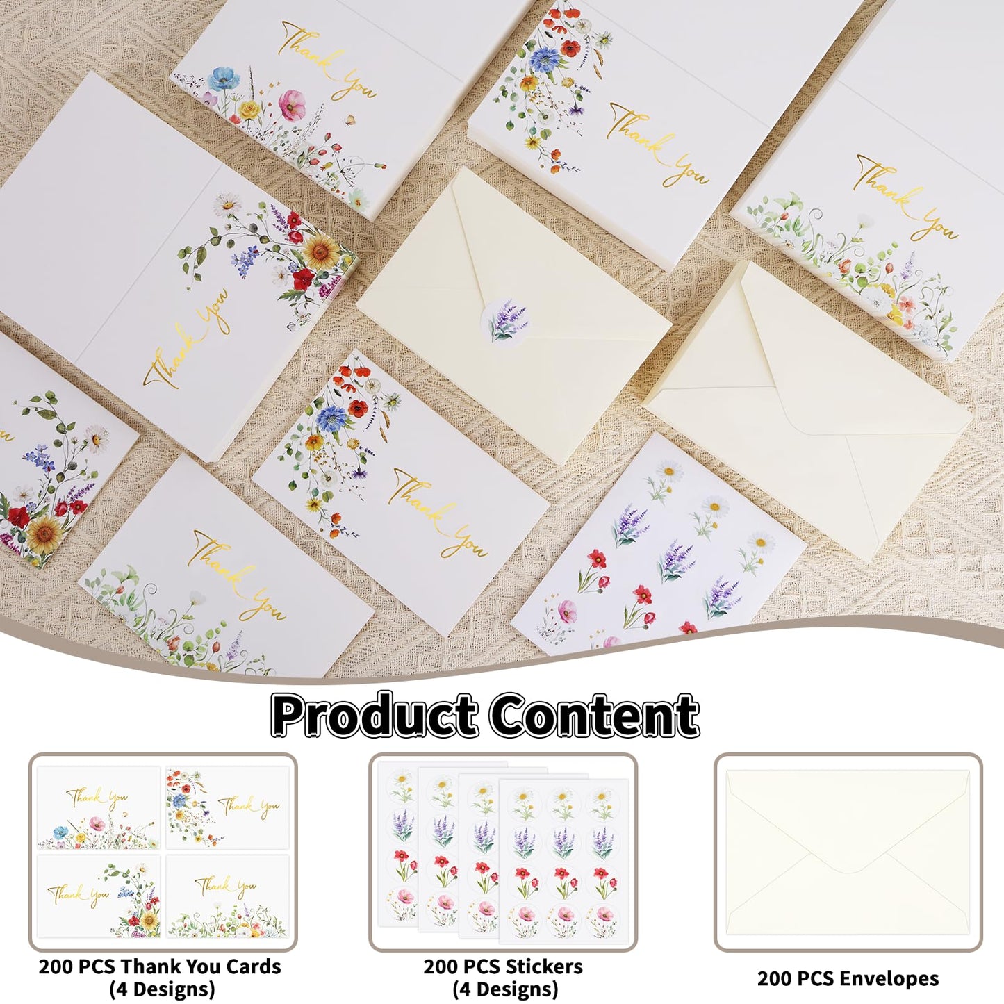 UZLU 600 PCS Wildflower Thank You Cards with Envelopes and Stickers - 4x6 Inch Floral Thank You Notes with Envelope Set - Greeting Notes with Envelopes for Wedding, Baby & Bridal Showers, Birthday