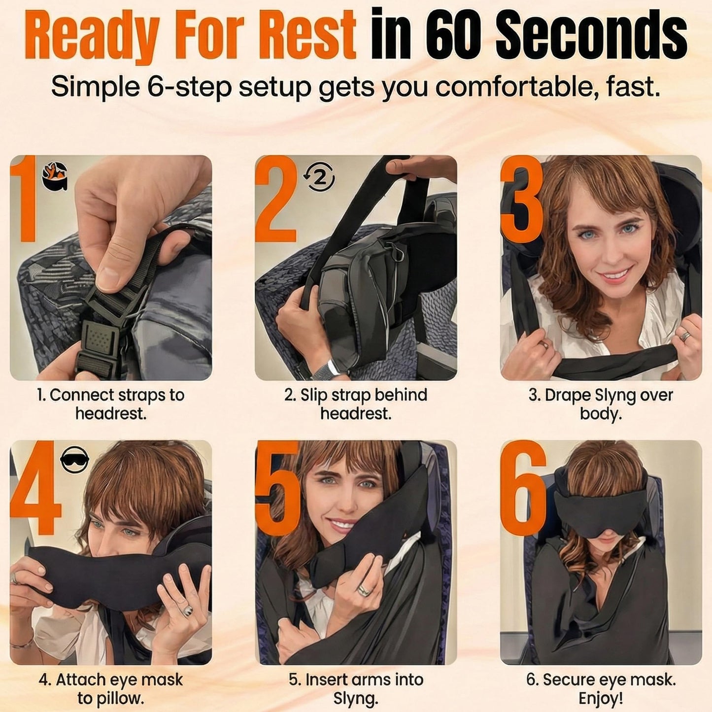 3-in-1 Airplane Sleep Support System - Integrated Plane Sleeping Accessories with Memory Foam Long Haul Flight Pillow, Adjustable Travel Eye Mask, and Blanket-Like Body Sling - Fits in Carry On
