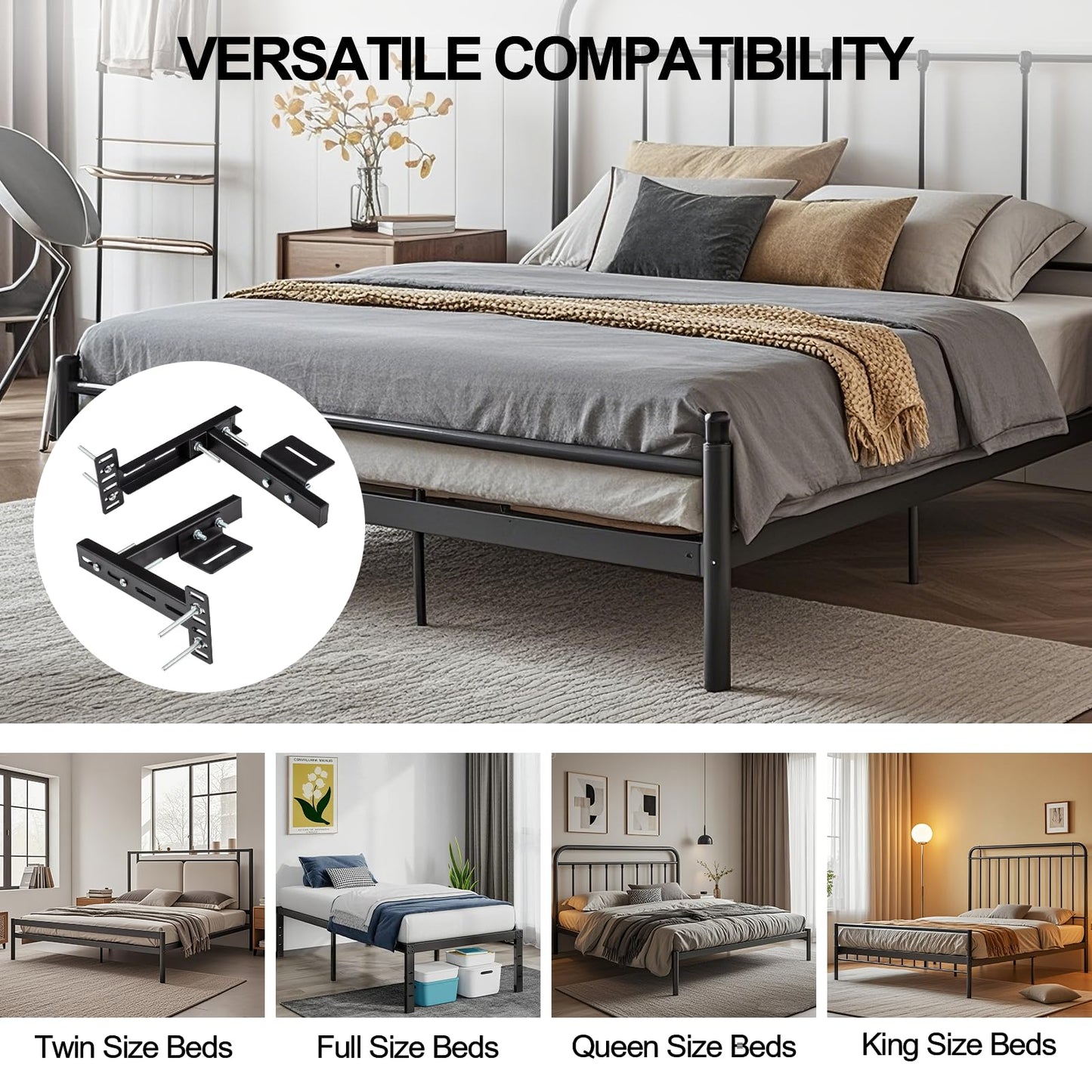 2 Pack Adjustable Headboard Brackets for Bed Base, Metal Headboard Brackets kit for Bed Frame, Black Footboard Extension Kit Compatible with Twin Full Queen King Bed