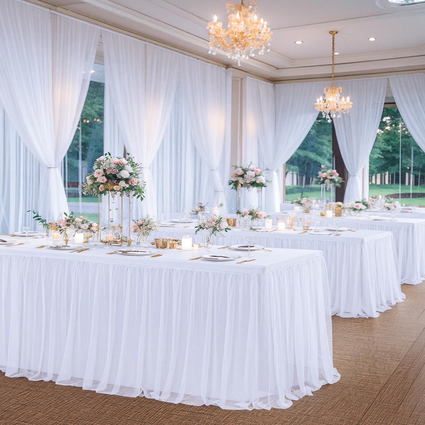 White Table Cloths 6 Foot Rectangle Stretch Ruffle Tulle Tablecloth Spandex Fitted Table Cover for 6 Foot Tables White Tulle Table Skirts Rectangle Tables 6ft Elastic Party Wedding Table Cloths