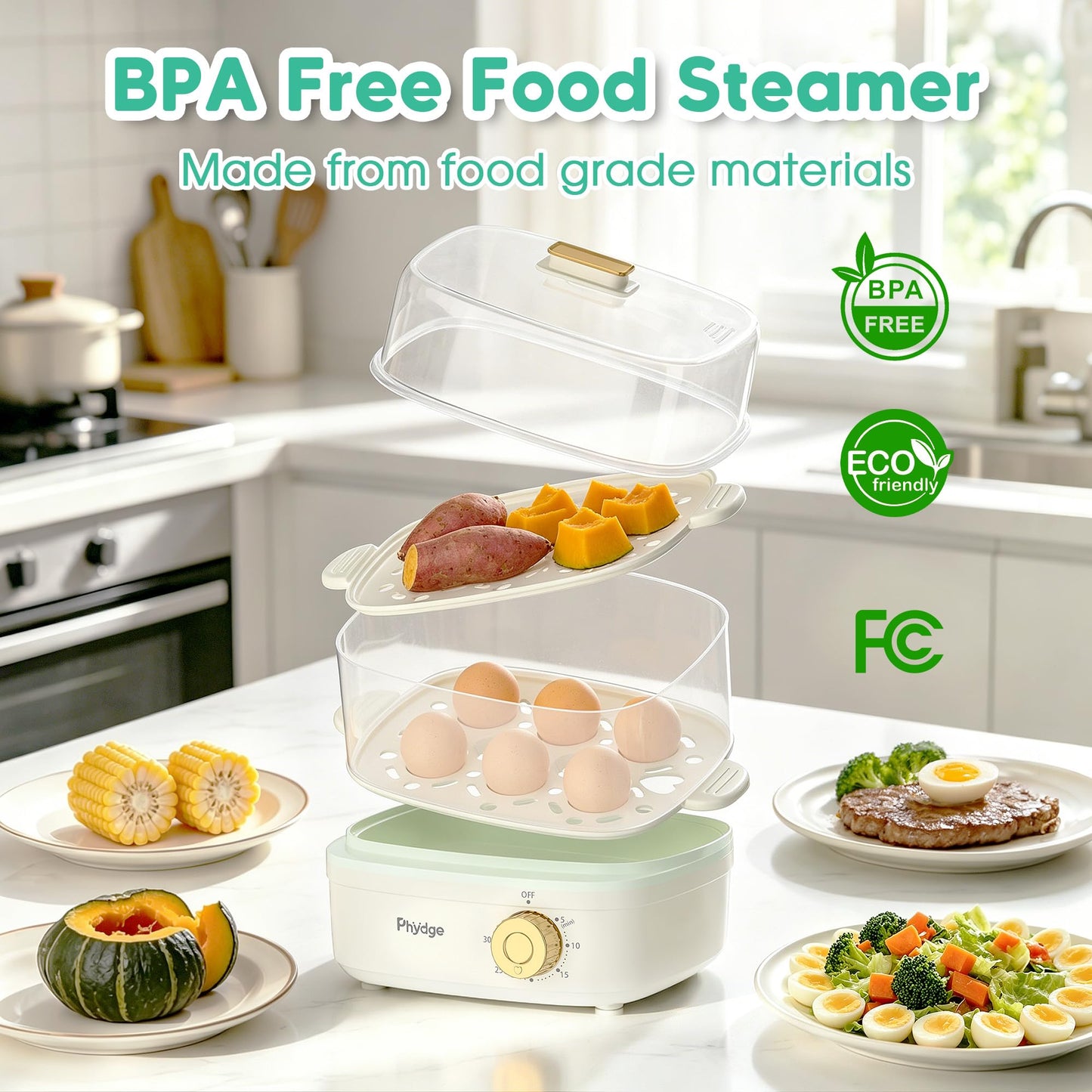 Electric Food Steamer for Cooking, 2-Tier Rapid Egg Cooker, Stackable Steam Cooker for Baby Food, Meal Prep, Quick Healthy Cooking for Vegetables, BPA-Free, 30-Min Timer, 3 Containers&1 Spoon Included