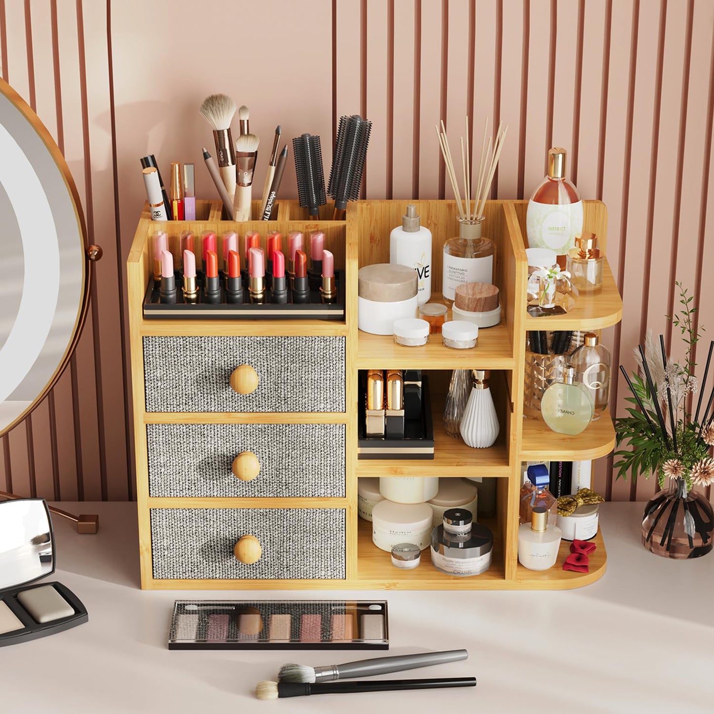 Makeup Organizer Countertop, Cosmetic Skincare Organizers With 3 Makeup Brush Holders/3 Drawers/7 Storage Shelves, Elegant Bamboo Make Up Storage Organizers Holder For Counter Vanity Dresser Bathroom