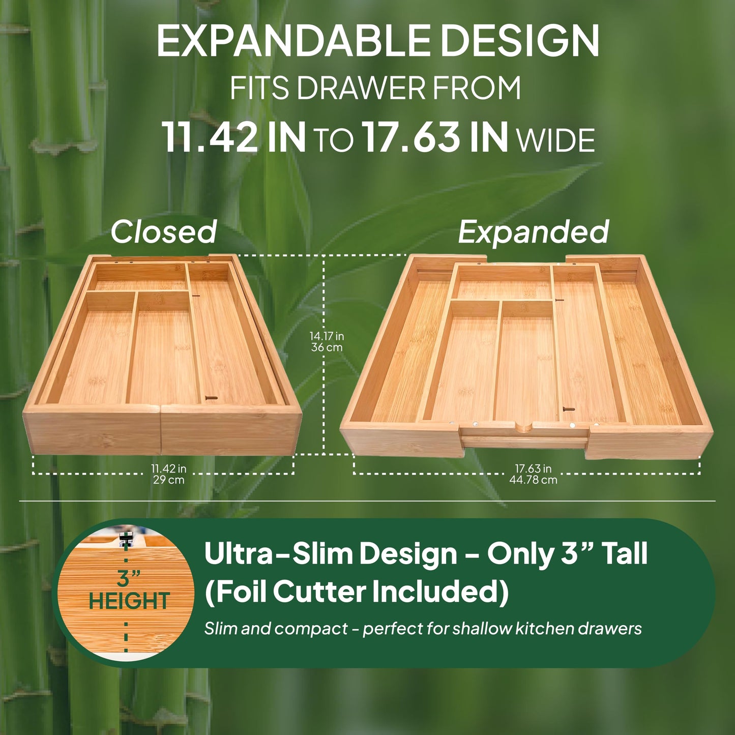 Ordna 6 IN 1 Bamboo Baggie Organizer for Drawer with Labels, Expandable Storage Bag Organizer with Aluminum Foil and Saran Wrap Cutter Compatible with Quart, Gallon, Sandwich and Snack Size Bags