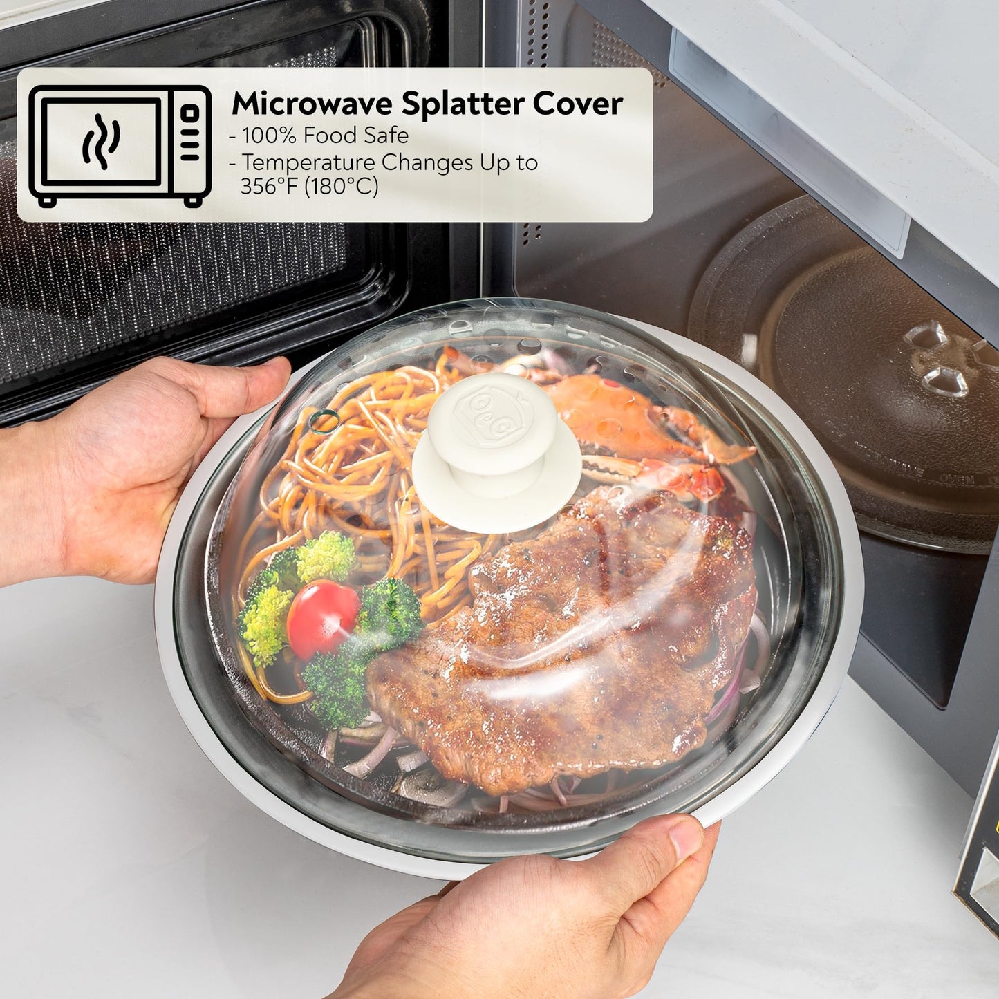 OEC Lighter Weight Tempered Glass Microwave Splatter Cover - 12.5 inch (Inner Diameter 11.4”) - Heat-Resistant - Durable Glass Lid with Vent, Silicone Knob, Dishwasher Safe, 100% Food Grade - BPA Free