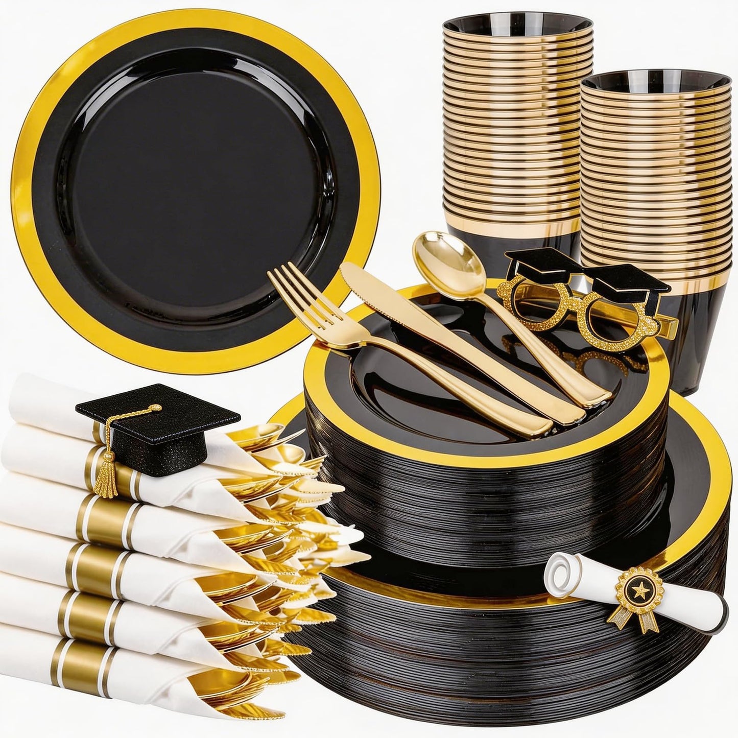 YOUBET 350PCS Black and Gold Plastic Plates - Gold Disposable Dinnerware Sets for 50 Guests - 100 Plastic Plates, 150 Gold Silverware, 50 Cups, 50 Pre Rolled Napkins for Party & Wedding Graduation