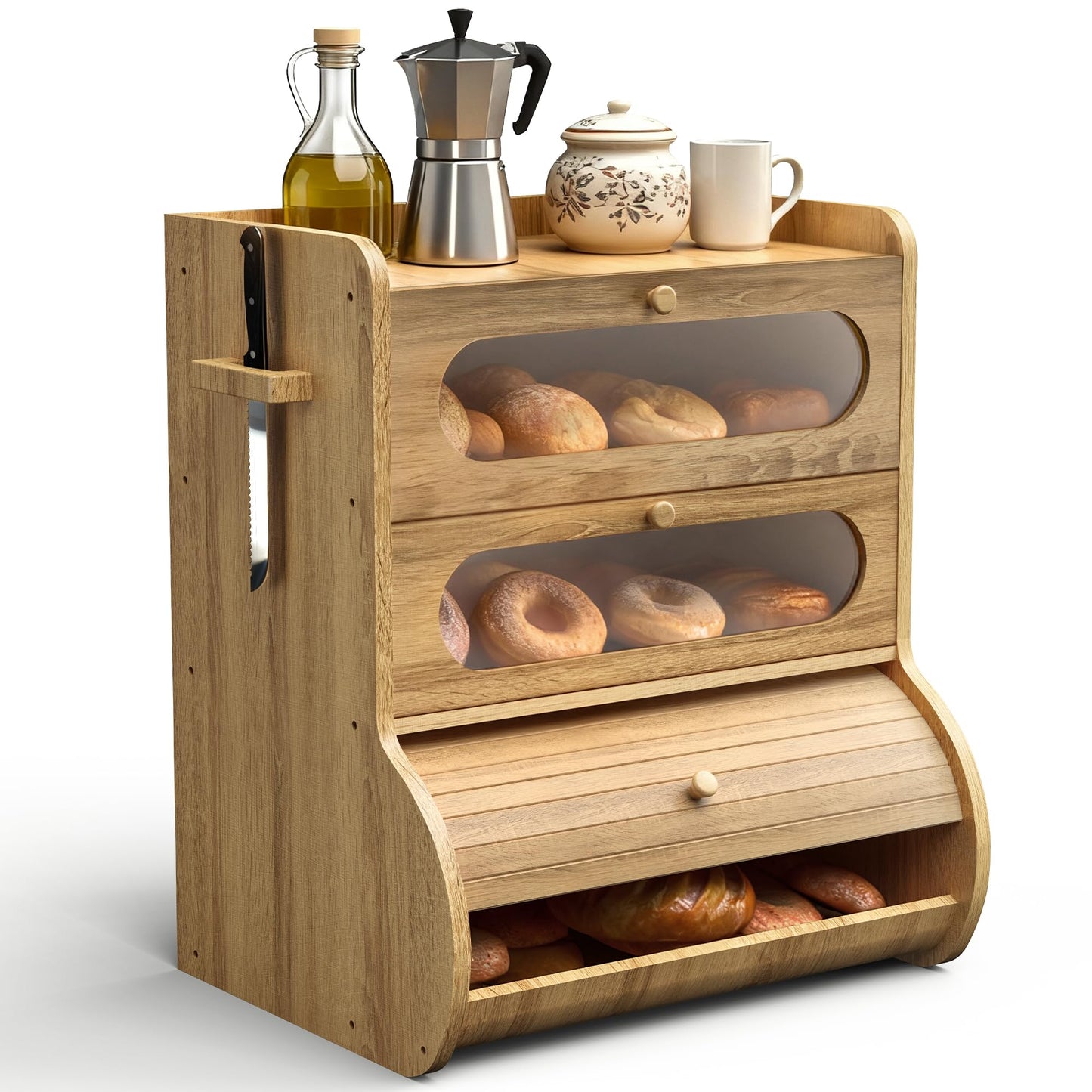 Coolfat Bread Box for Kitchen Countertop, 3 Tier Large Capacity Breadbox, with Window, Cutting Board Rack and Knife Holder, Bamboo Bread Container, Under Cabinet Organizer
