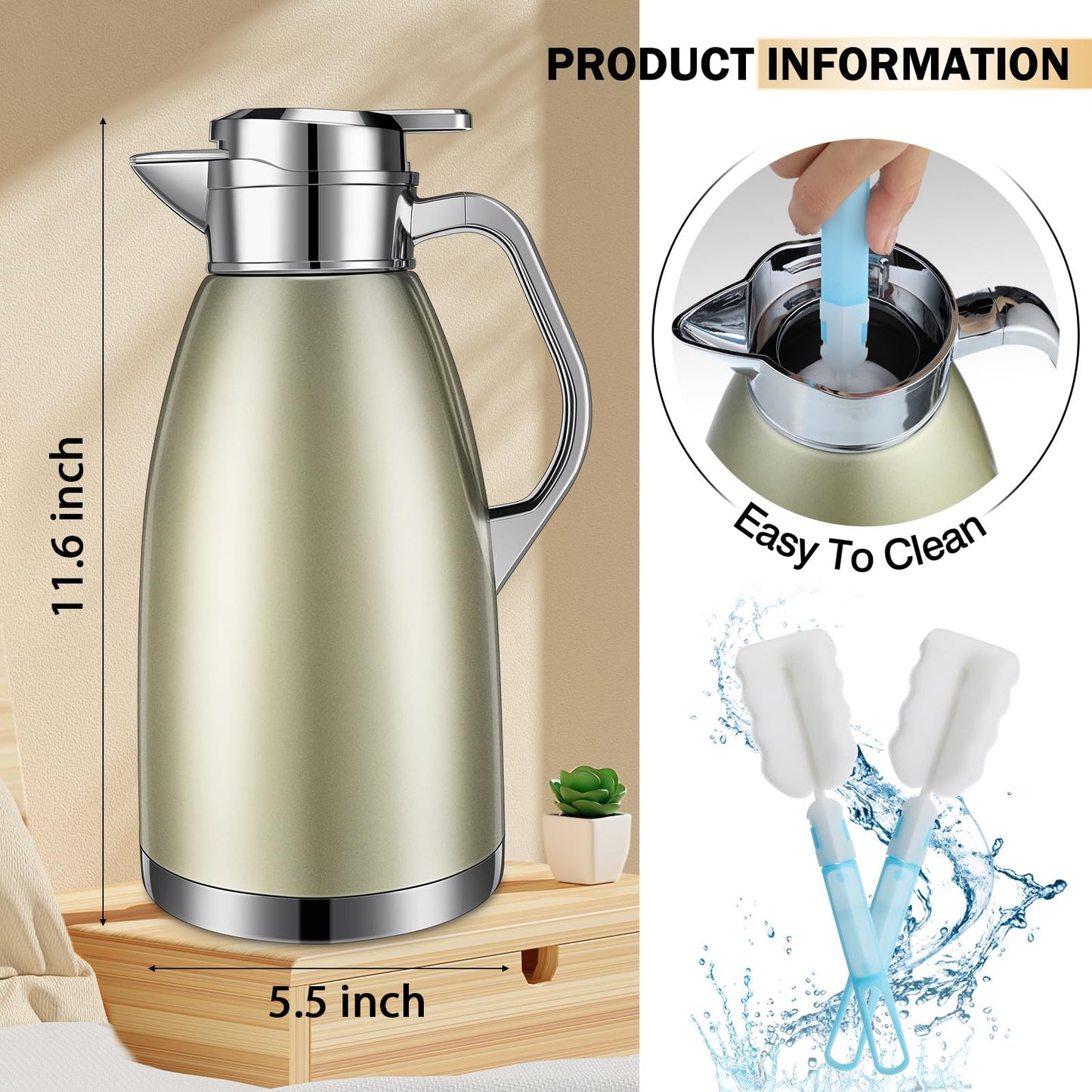Tioncy 2 Pcs Thermal Coffee 78oz Insulated Carafe Hot Water Dispenser Stainless Steel Carafe for Liquid Coffee Tea Milk with 2 Brushes Keep 12 Hours Hot 24 Hours Cold(Gold)