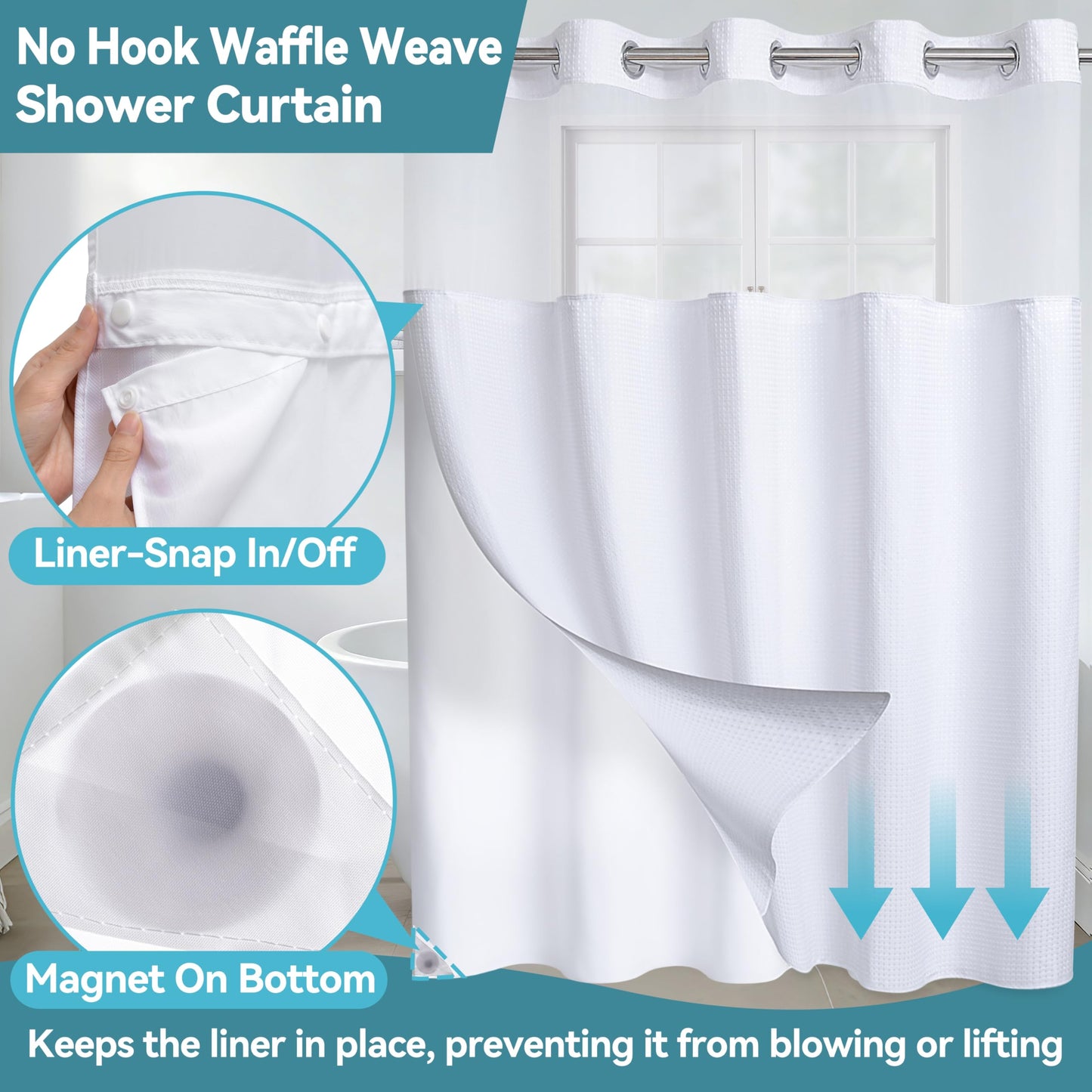 Conbo Mio No Hook Waffle Weave Shower Curtain with Snap in Liner Set, Hotel Luxury White Shower Curtains for Bathroom with See Through Top Window, Waterproof, Washable 71W x 74H