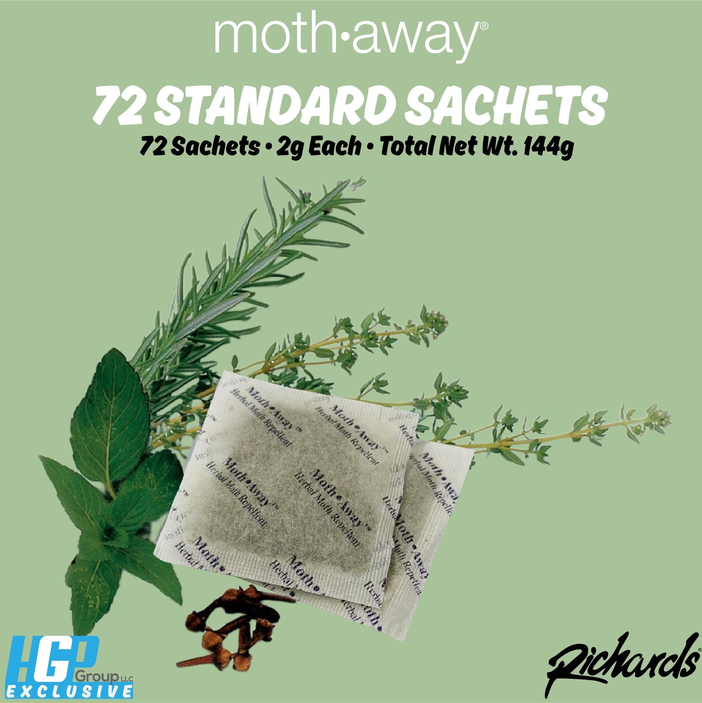 Richards Homewares Moth Away Sachets – 72-Pack Value Pack, Natural Herbal Moth Repellent, Non-Toxic & Chemical-Free, Fresh Scent for Closets, Drawers & Storage – Made in USA