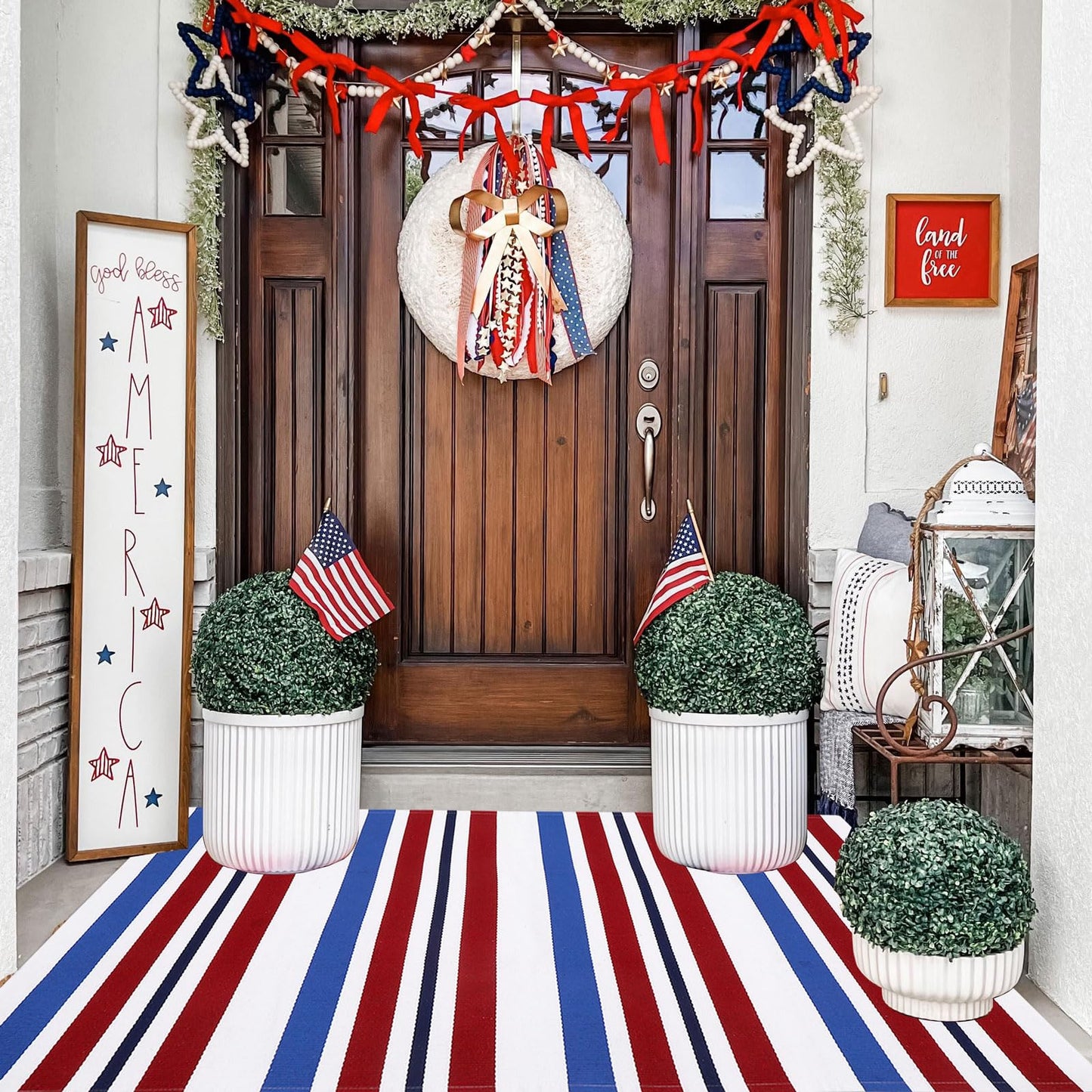 Bottalive USA 250th Anniversary Patriotic Doormat, 3' x 5' Red White and Blue Striped Outdoor Rug, Washable Farmhouse Front Porch Welcome Mat for Memorial Day, 4th of July, and Independence Day Decor