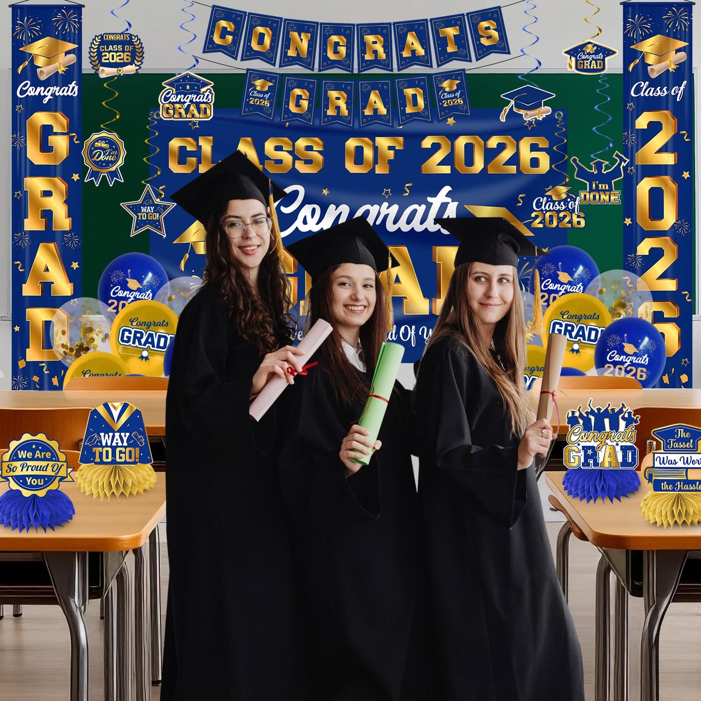 Graduation Decorations 2026 Blue and Gold Graduation Party Decor Set include Congrats Grad Banner Backdrop Class of 2026 Balloons Party Supplies