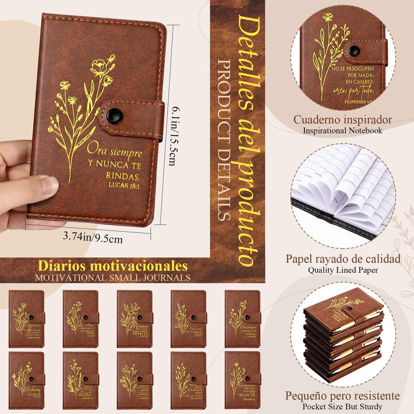 Spakon 60 Pcs Father's Day Christian Gifts Bulk Leather Prayer Journal Religious Scripture Notebook with Bible Verse Pens for Graduation Coworker Women Men Church Members (Spanish Bible Words)