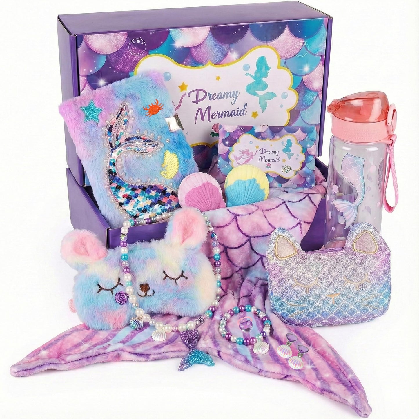 Mermaid Gifts for Girls 4-10 Year Old, 8Pc Gift Box with Mermaid Tail Blanket, Jewelry, Kids Purse, water bottle & Notebook, Birthday Toys for 4-6 8-10 Year Old Girl, Safe Non-Toxic Stationery Set