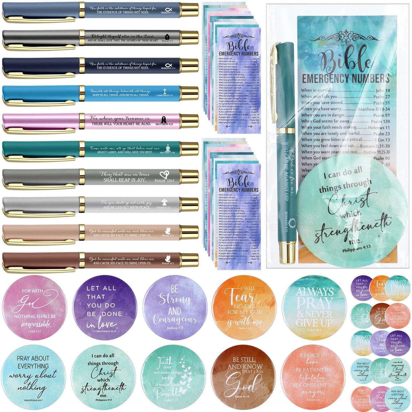 Sayglossy 50 Sets Christian Women Gifts Bulk Bible Verse Gel Pens Religious Compact Mirrors Emergency Bookmarks for Mother Grandmother Daughter Bible Study Group (Rendering Color)
