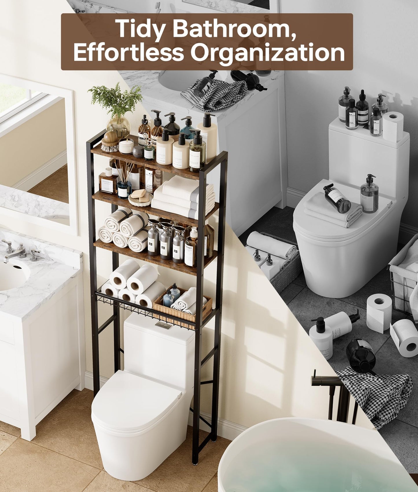 4-Tier Over-the-Toilet Storage Rack with One-Piece Wooden Shelves & Open Net Basket, Bathroom Organizer with Adjustable Feet & Anti-Tip Kit, Space-Saving Toilet Shelf, Brown, 24.4" x 9.4" x 69.3"