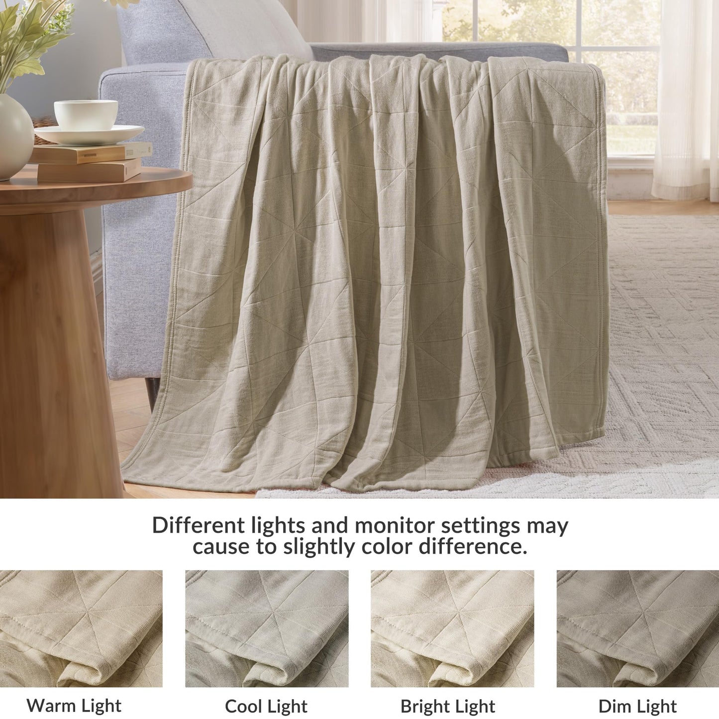 Exclusivo Mezcla 100% Cotton Muslin Blanket for Bed, Queen Size 4-Layer Moisture-Wicking and Breathable Ultra Soft Gauze Blanket for Spring Summer, 90"x90", Khaki