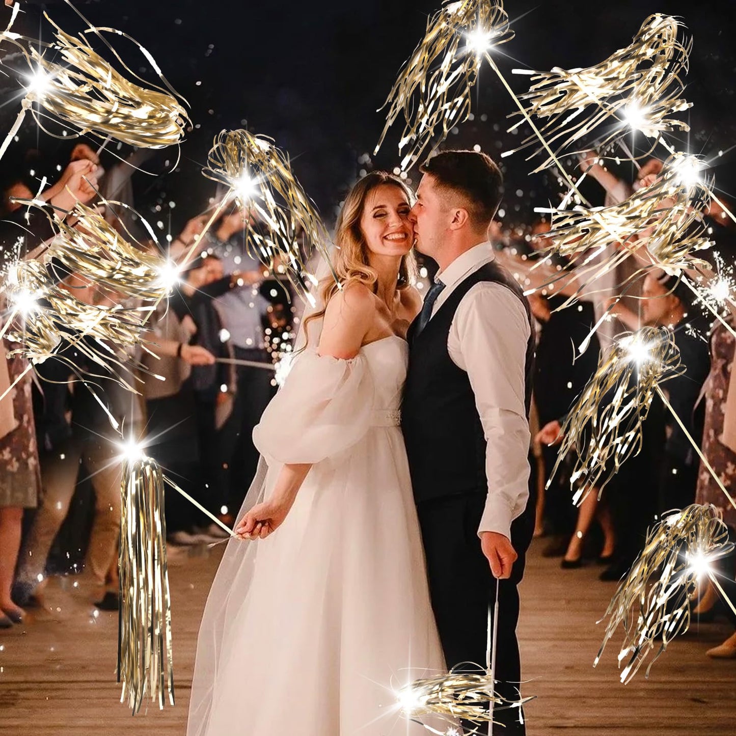 TBOLLY 100 pcs Wedding Wands Light up with LED Tinsel Wedding Streamers for Wedding Send off and Greeting Ideal Props for Weddings, Birthday Parties, Christmas Cheerleading Games (Champagne)
