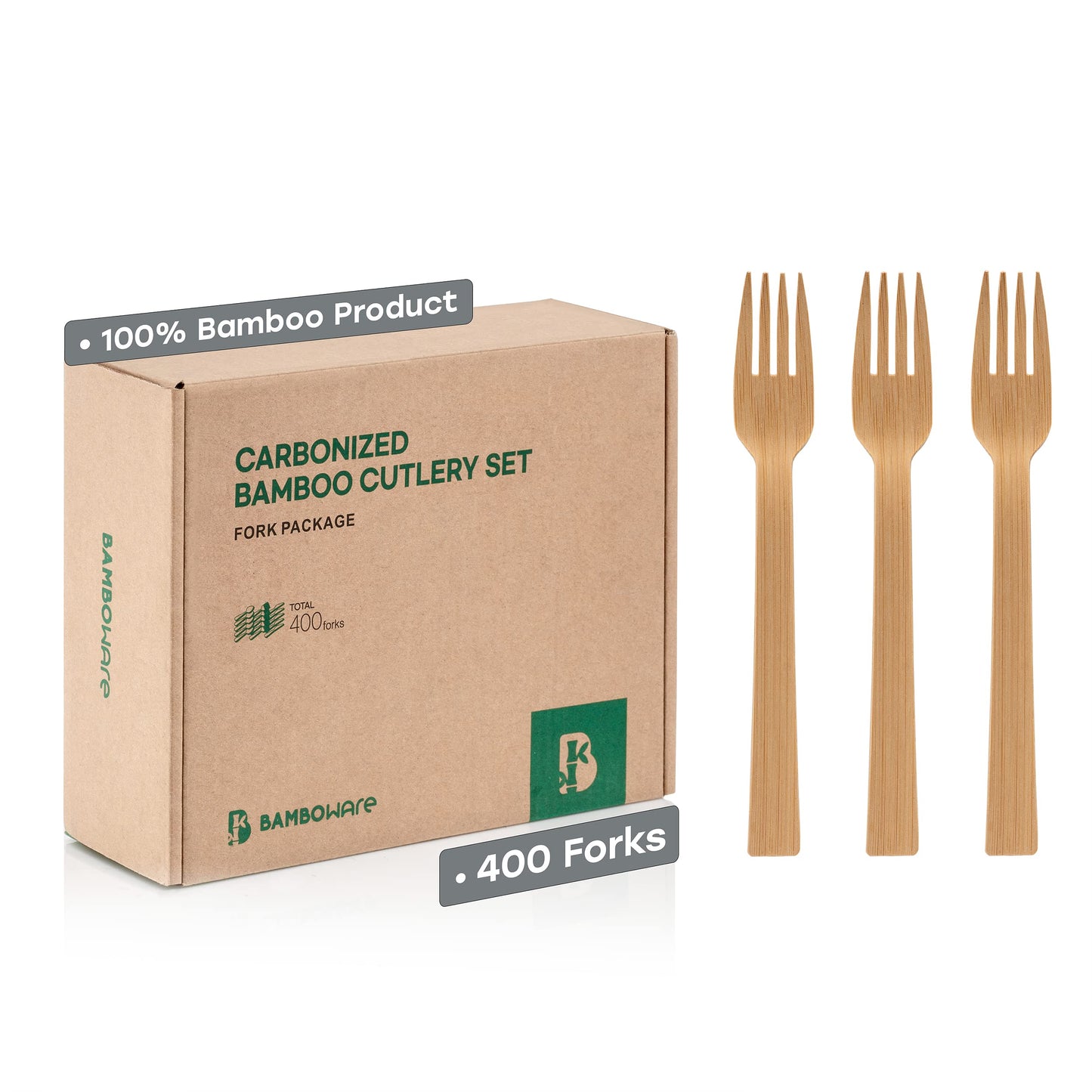 100% Bamboo Utensils - 400 Carbonized Forks Disposable Cutlery Biodegradable and Sanitized - Heavy Duty & Fully Functional