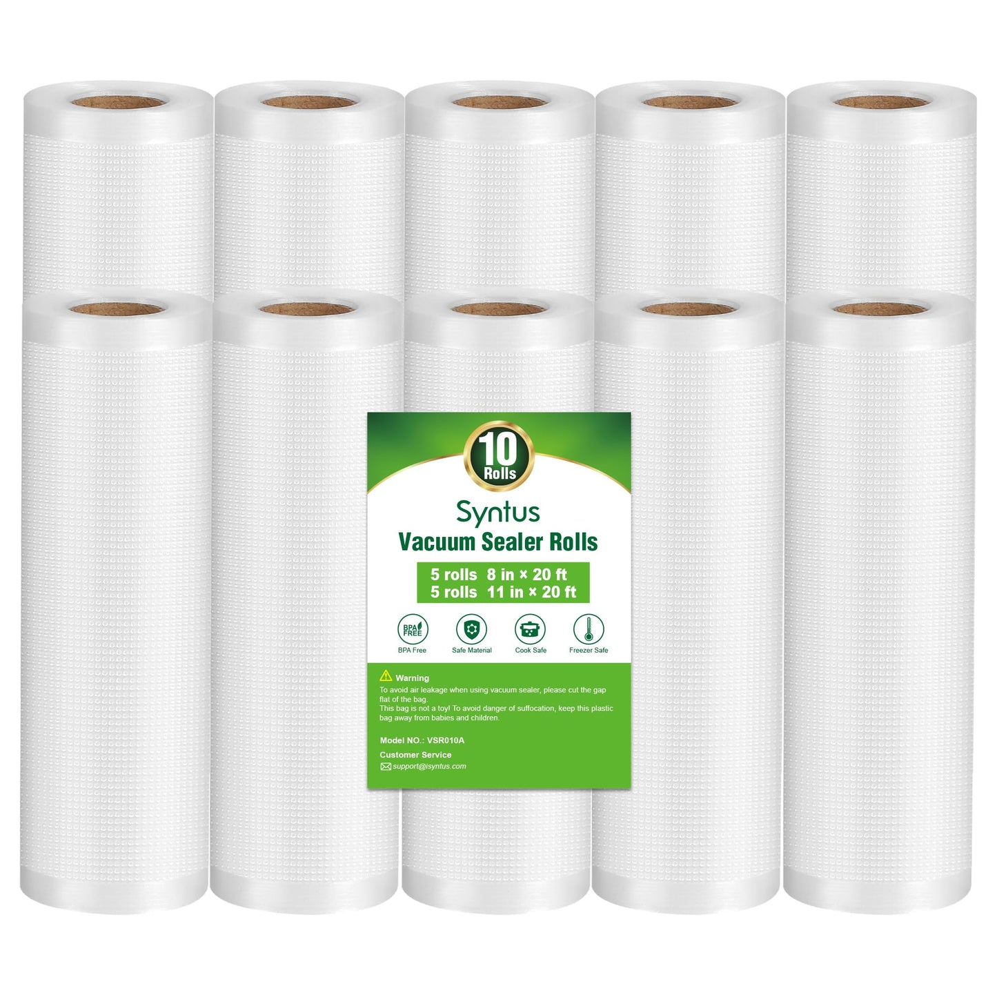 Syntus Vacuum Sealer Bags, 10 Pack 5 Roll 11" x 20' and 5 Roll 8" x 20' Commercial Grade BPA Free Bag Rolls, Food Vac Bags for Storage, Meal Prep or Sous Vide