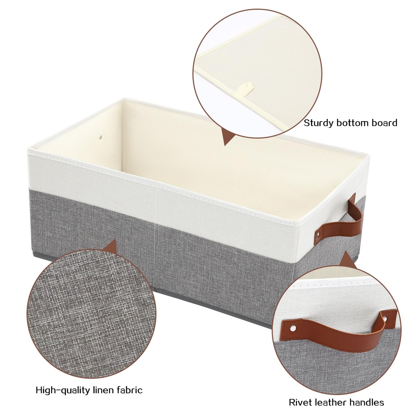 6 Pack Closet Storage Bins, Storage Baskets for Shelves, Linen Closet Organizers and Storage with Leather Handles for Clothes,Towels, Sheets, Jeans, Toys, Books (Grey and White)