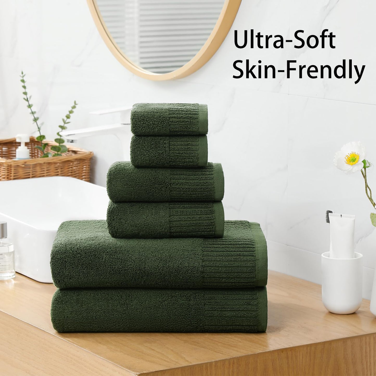 YTYC Bath Towels Set of 6, 100% Cotton, 650GSM, Ultra Soft Highly Absorbent, 2 Bathroom Towels 27.5x55 Inches, 2 Hand Towels, 2 Washcloths, Perfect for Bathroom, Gym, Spa, Olive Green