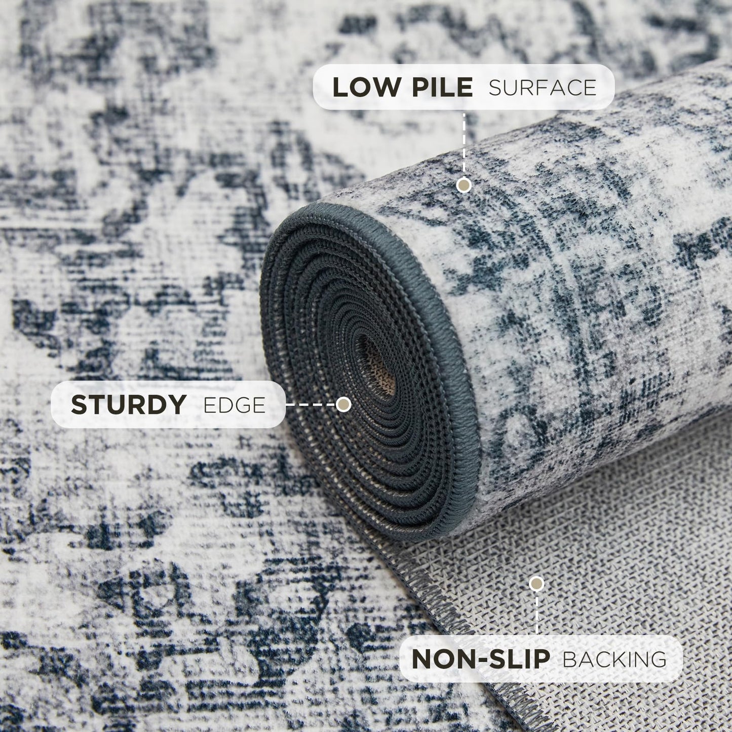 Joydeco 5x7 Area Rugs for Living Room, Machine Washable Vintage Area Rugs, Low Pile Non Slip Carpet, Lightweight Chenille Print Rug for Bedroom, Dining Room, Home Office, Light Grey
