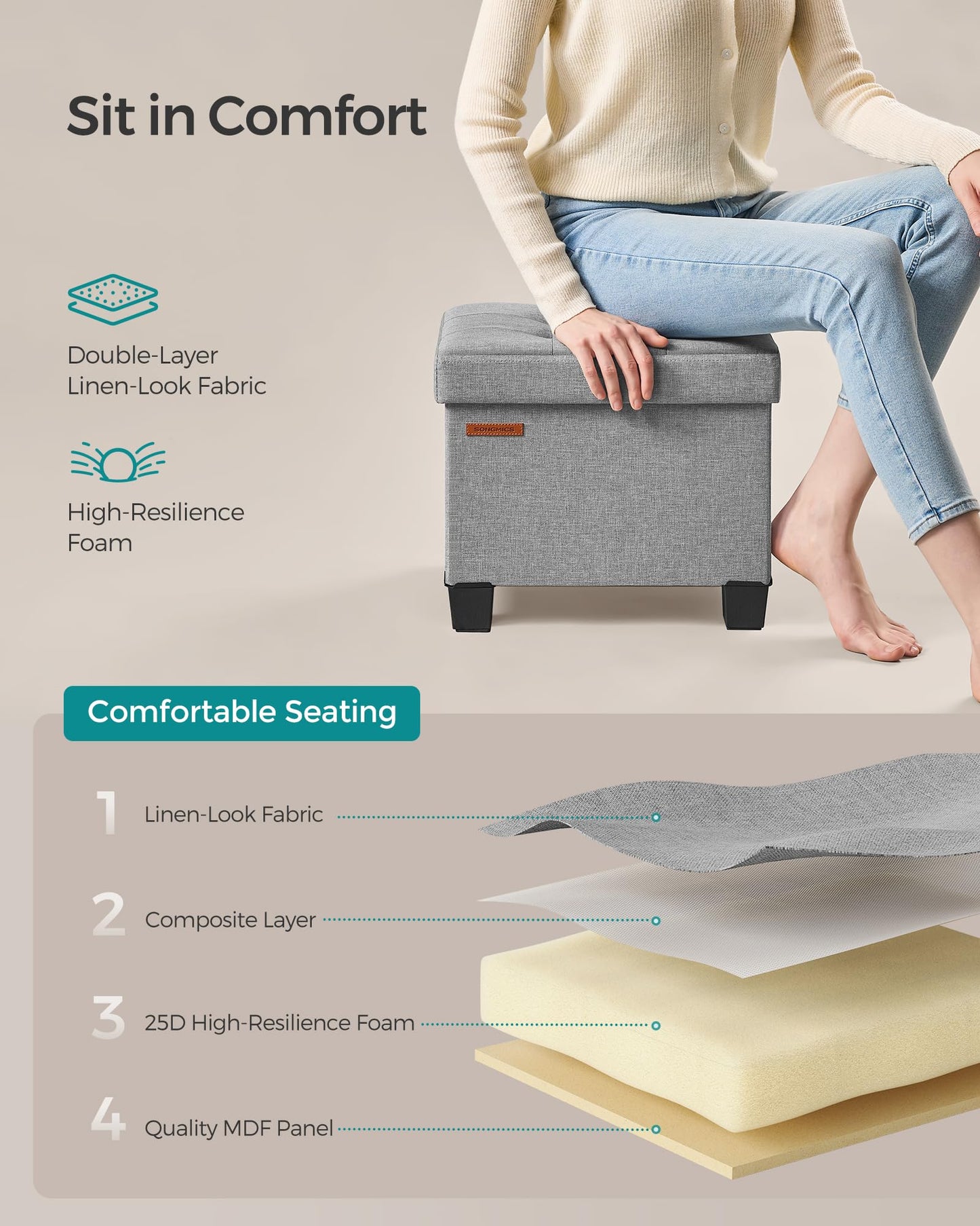 SONGMICS Storage Ottoman, Small Ottoman Foot Rest with Legs, 12.6 x 15.7 x 13.2 Inches Foot Stool, Load up to 660 lb, for Living Room, Bedroom, Dorm, Dove Gray ULSF012G02