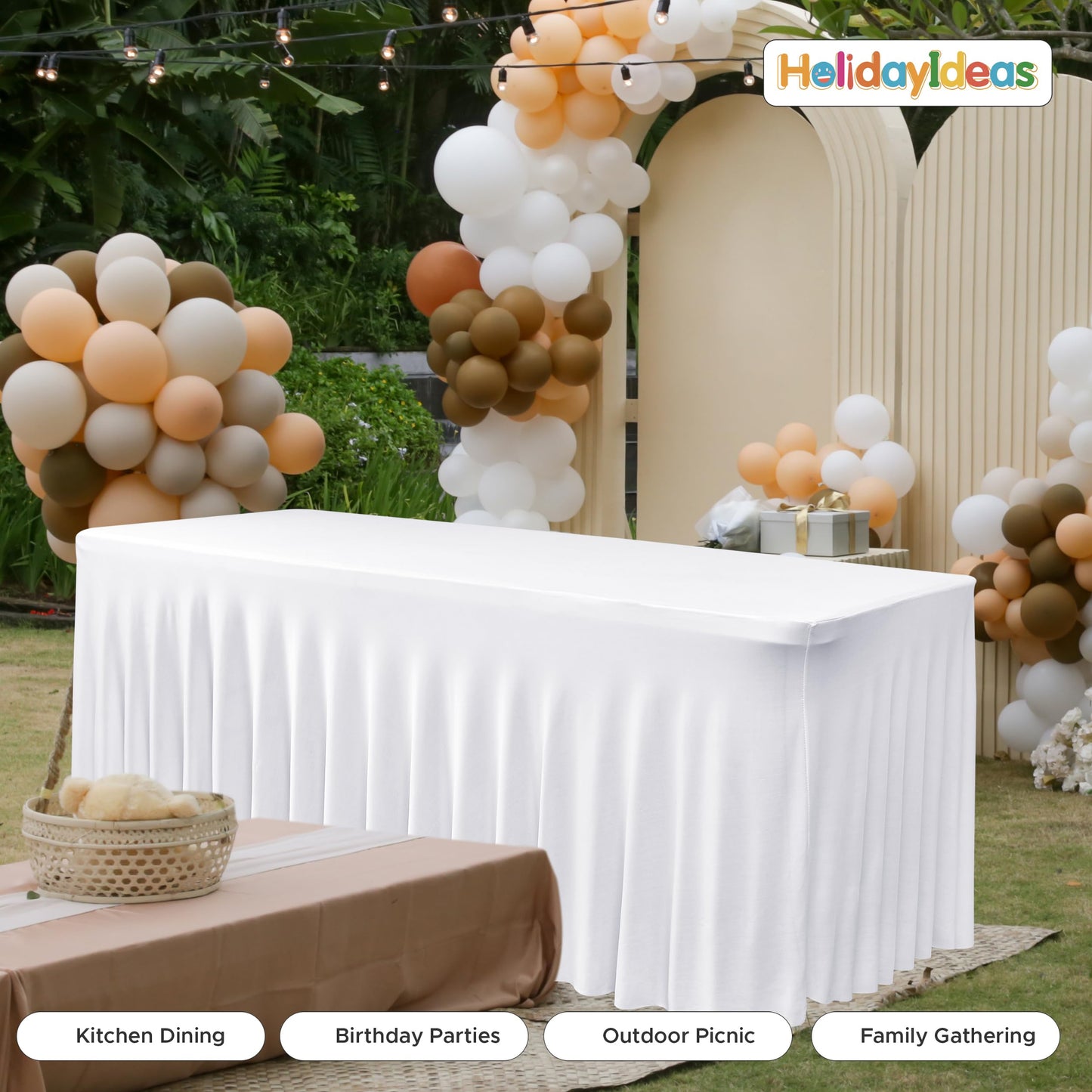 HolidayIdeas White 8ft Spandex Tablecloth 2 Pack Fitted Stretch Table Skirts 30x96 Inch, Wrinkle-Free Floor Length Polyester Table Cover for Weddings Parties Banquets Events