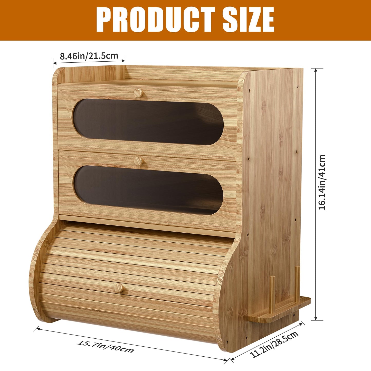 Coolfat Bread Box for Kitchen Countertop, 3 Tier Large Capacity Breadbox, with Window, Cutting Board Rack and Knife Holder, Bamboo Bread Container, Under Cabinet Organizer