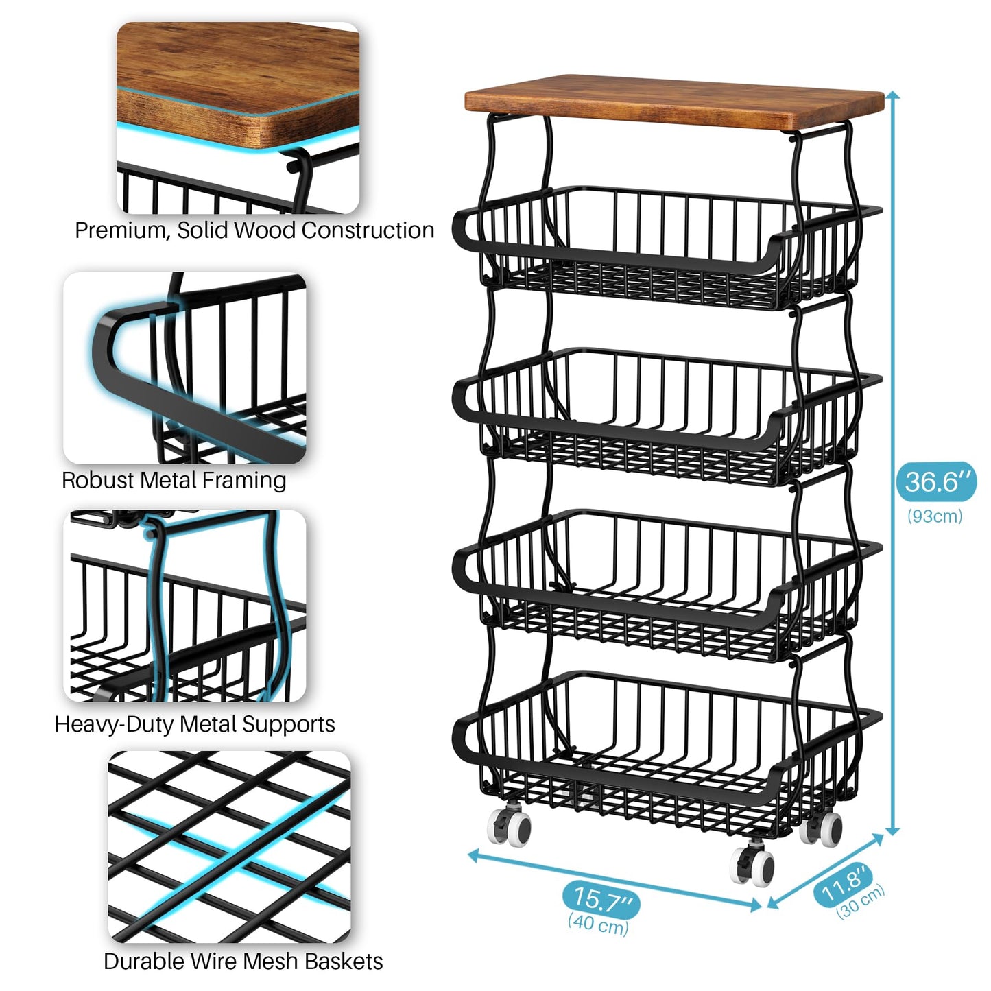 5 Tier Vegetable Fruit Basket for Kitchen, Stackable Metal Fruit and Vegetable Storage Baskets with Rolling Wheels Cart, Pantry organizers and storage for Kitchen Bathroom Livingroom Laundry room Cart