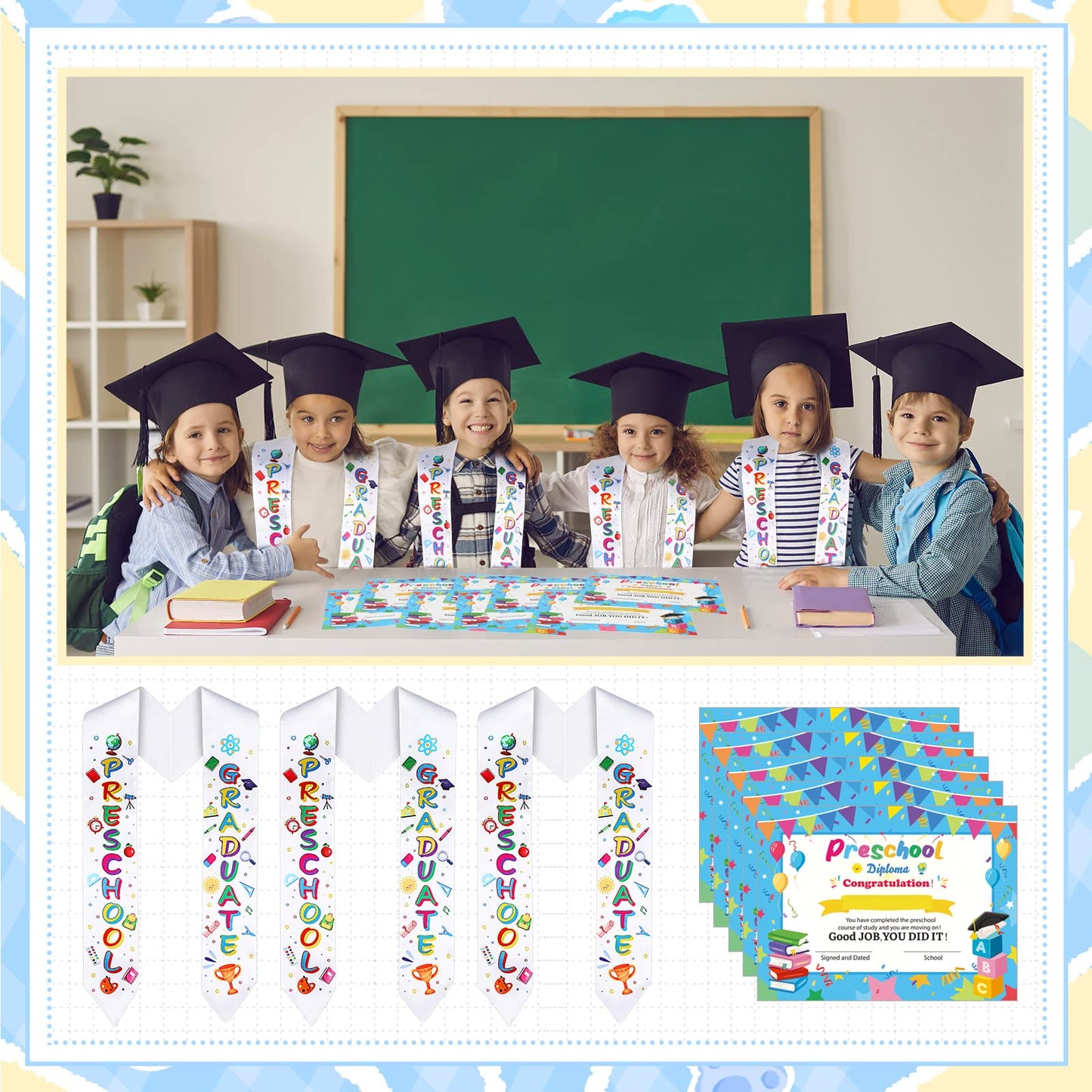 Sureio 24 Pieces Preschool Graduation Gifts Kids Graduation Stole with Preschool Diploma 12 Pcs Preschool Printed Graduation Sash and 12 Pcs Preschool Diploma Unisex Graduation Stole (Preschool)