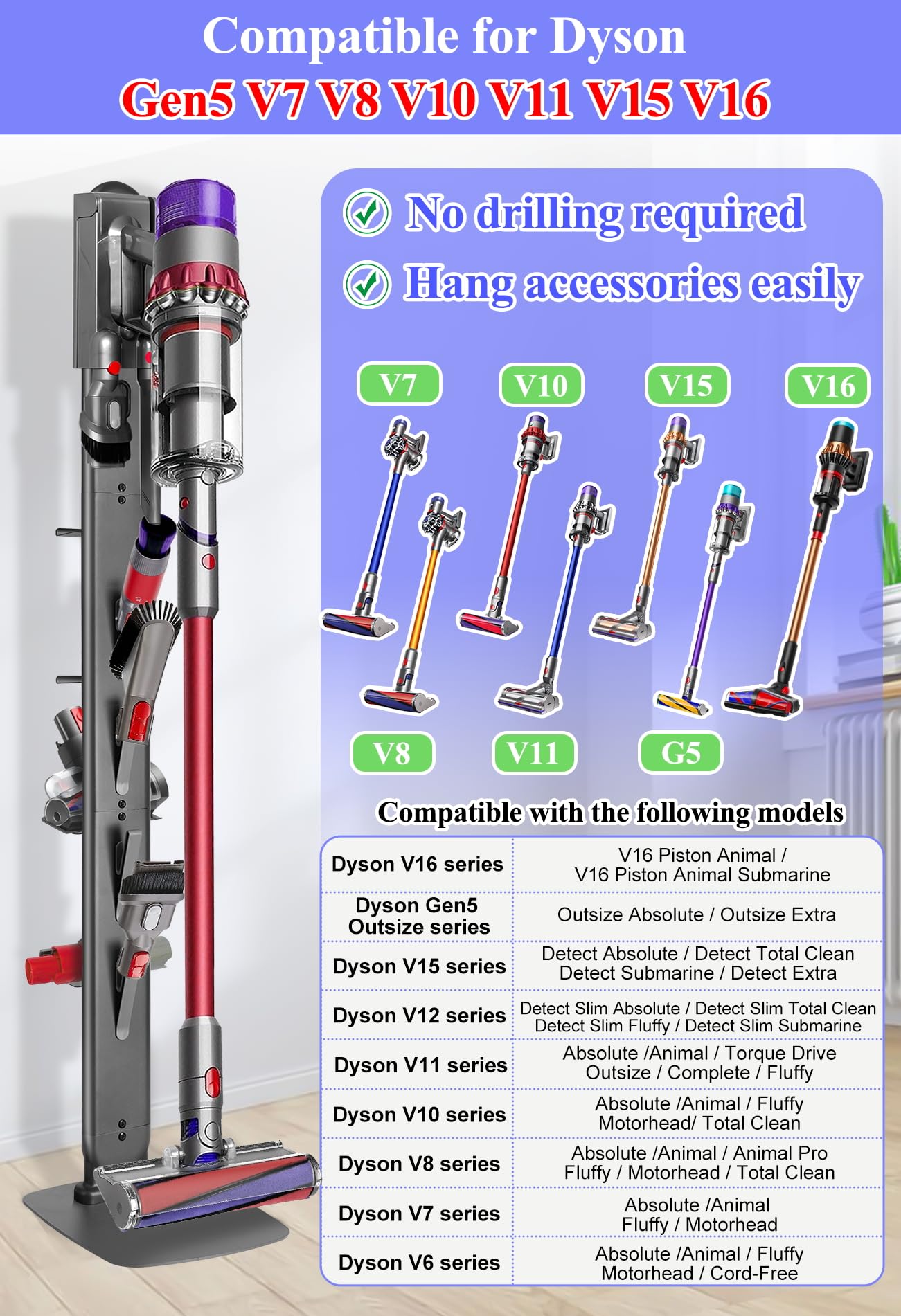 Haturi Premium Vacuum Stand for Dyson Gen5 V16,V15 V12 V11 V10 V8 V7 V6, Metal Attachment Holder with 4 Hooks & 4 Shelves, Hidden Cord Design, Space-Saving Storage Organizer for Dyson Cordless Vacuums