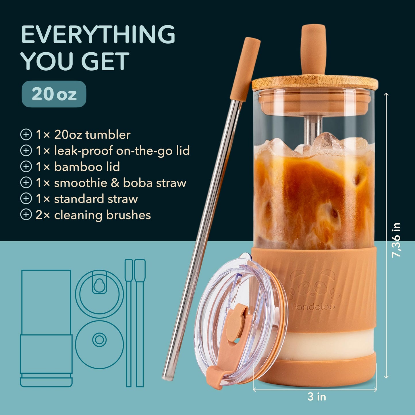 Pandaloo® Glass Cups With Lids and Straws -20 Fl Oz- Perfect Size Iced Coffee Cup - Smoothie Cup With Bamboo Lid and On the go Lid - Glass Tumbler (2 Count (Pack of 1), Lilac-Sage)
