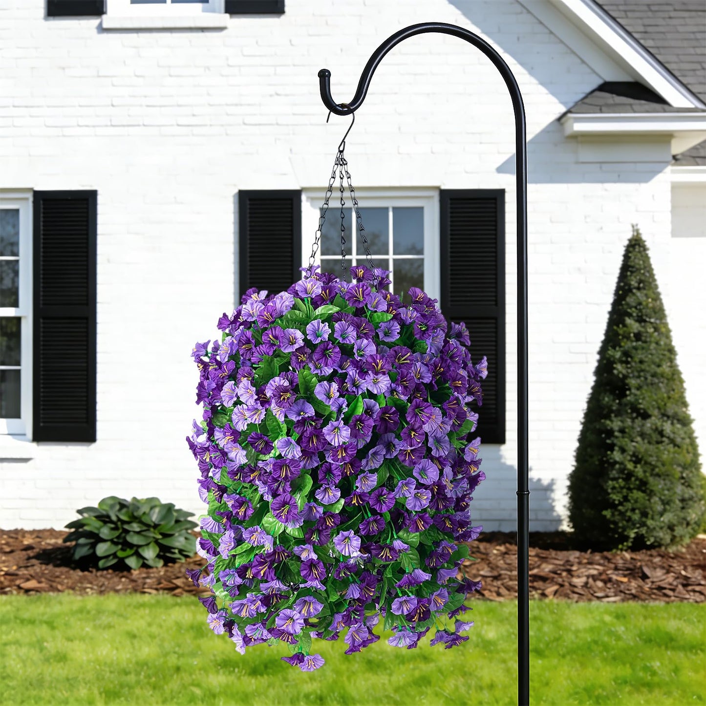 INXUGAO Artificial Flowers with Hanging Basket, Outdoor Faux Plants Silk Morning Glory Vines, Fake Green Arrangement for Garden Patio Spring Summer Decor(4 pcs,Purple)