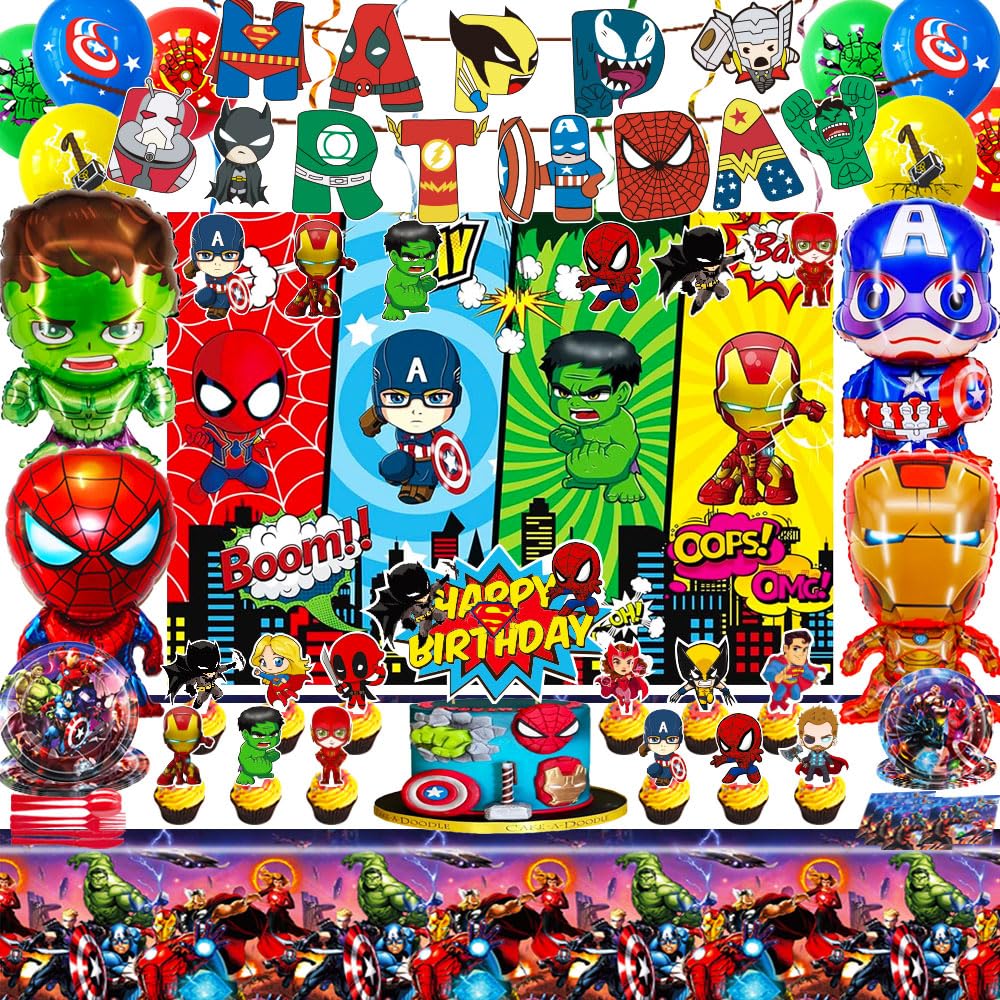 Avenger Theme Birthday Party Supplies Decorations, Including Birthday Banner, Tablecloth, Backdrop, Hanging Swirls, Balloons, Cake Toppers, Plates, Forks, Spoons for Cool Party