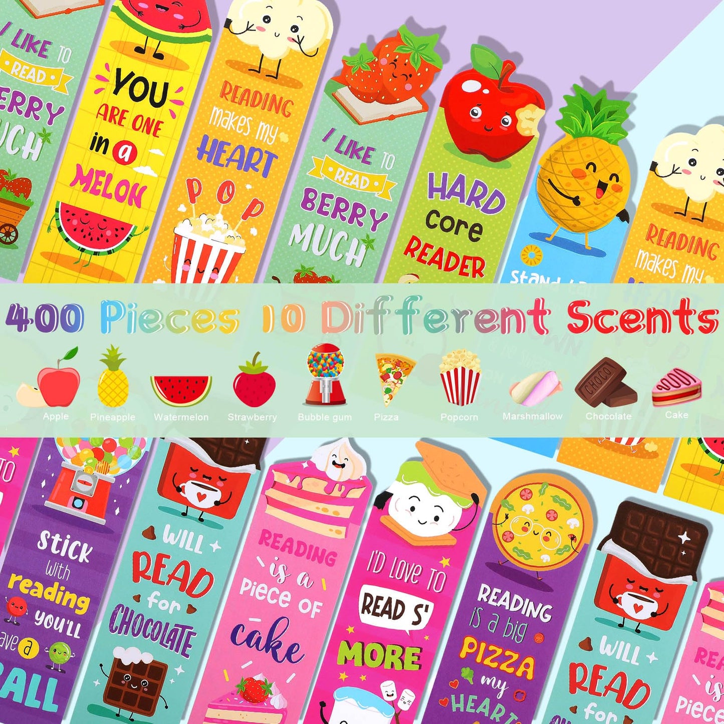 Eersida 400 Pieces Scratch and Sniff Scented Bookmarks Kids Fruit Food Theme Sayings Bookmarks Sayings Assorted Cute Scented Gifts for Students Teens Food Lovers, 10 Styles