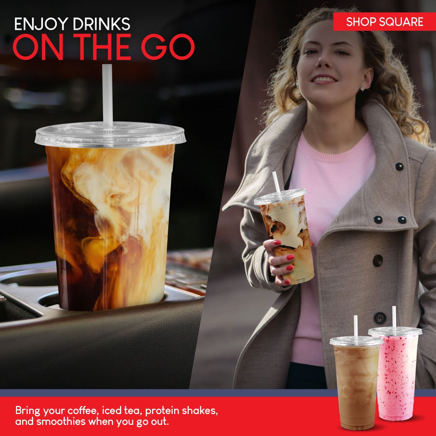 Shop Square 32 oz Plastic Cups with Lids (50 Pack) - Disposable Clear Cups for Iced Coffee, Boba, Milk Tea, Smoothies, and Fruit Shakes for Parties, Cafes, Restaurants