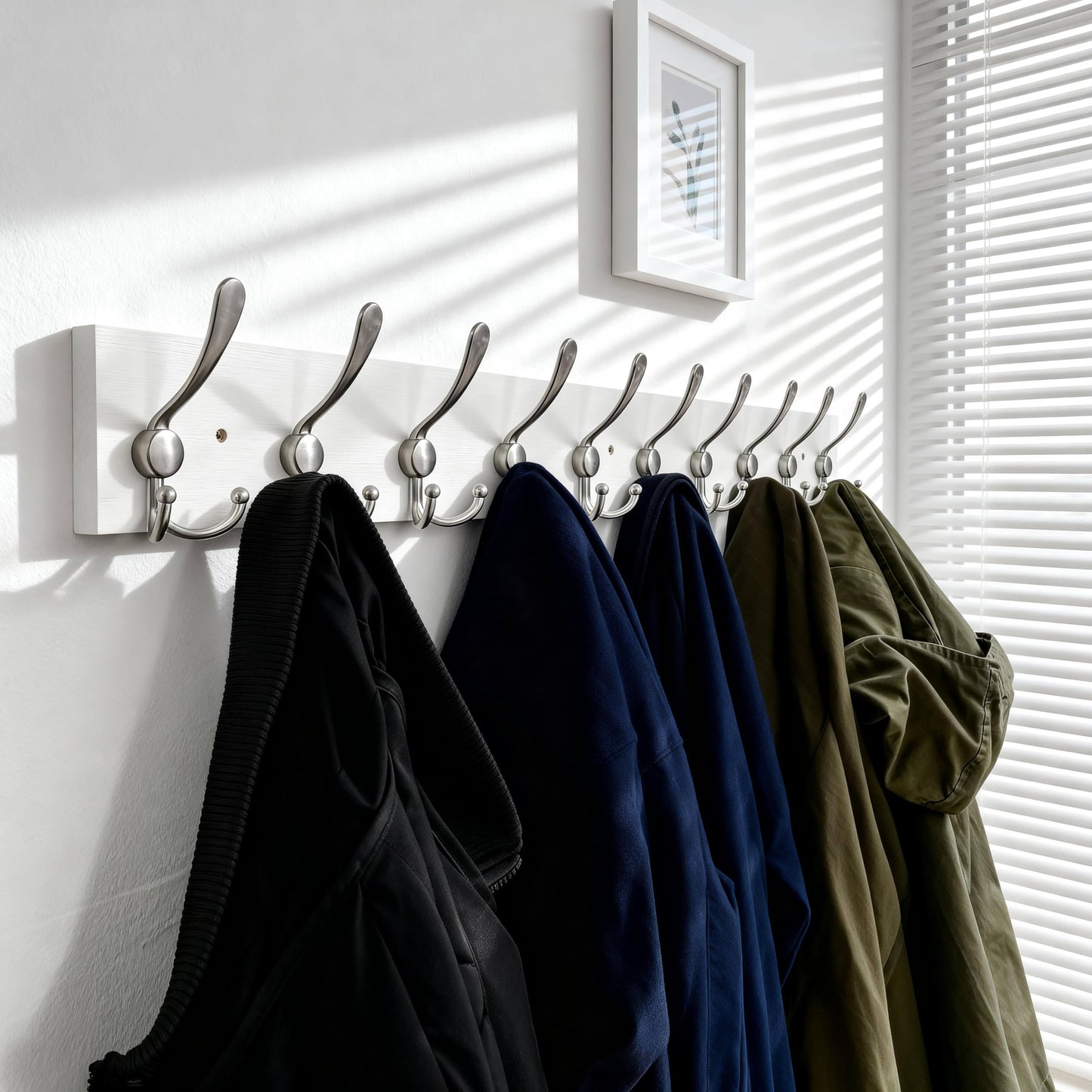 SKOLOO Creations White Solid Wood Wall Mounted Coat Rack, 10 Hooks, 38-1/8" Long - Kitchen, Mudroom, Entryway, Bathroom - Includes Mounting Hardware, Wall Coat Hanger, Towel Rack