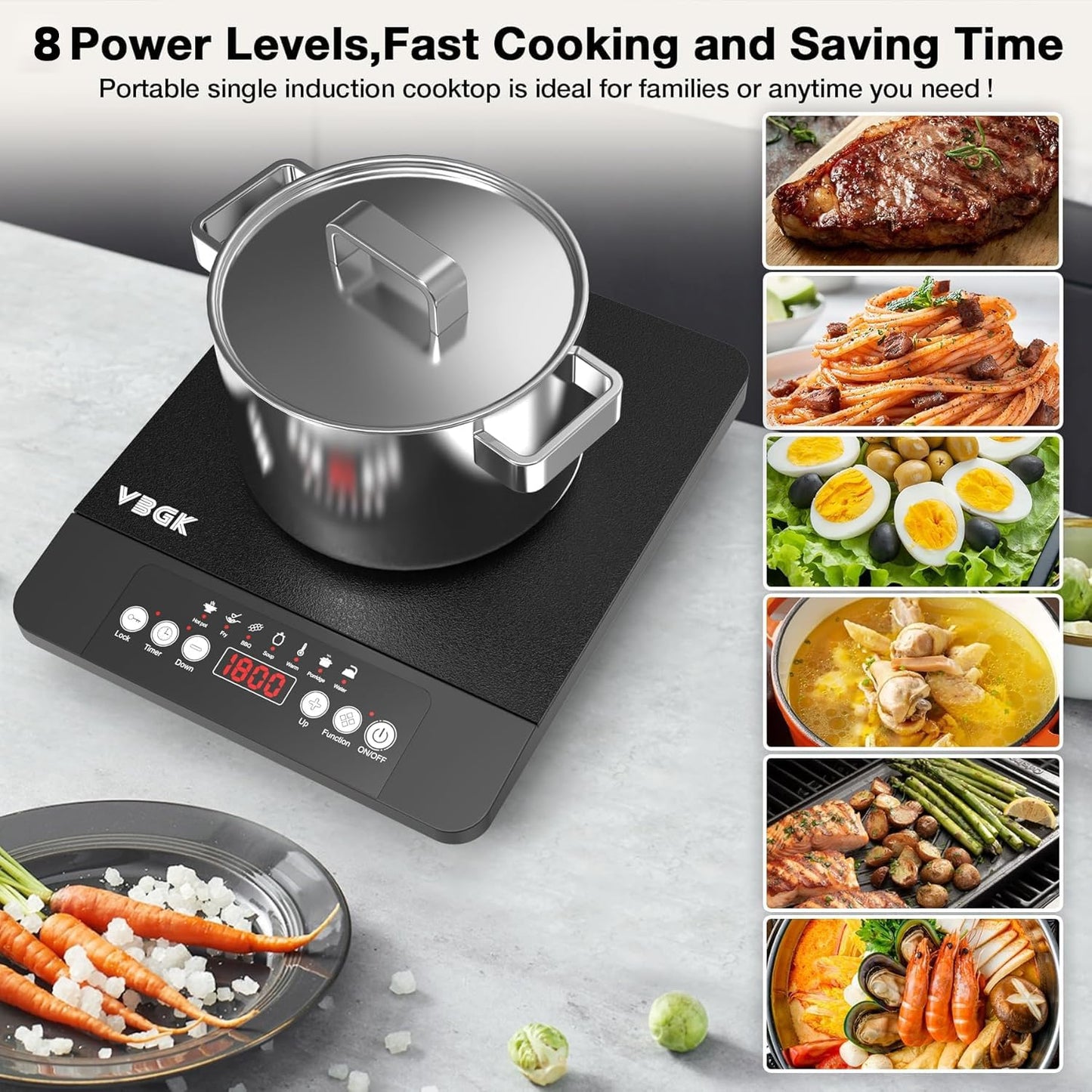 VBGK Single Burner Induction Cooktop,1800W Portable Induction Cooktop,110V Hot Plate with LCD Sensor Touch, 7 Temp Levels up to 518°F, Safety Lock, 4-Hour Timer, 9 Heat-Resistant Cooking